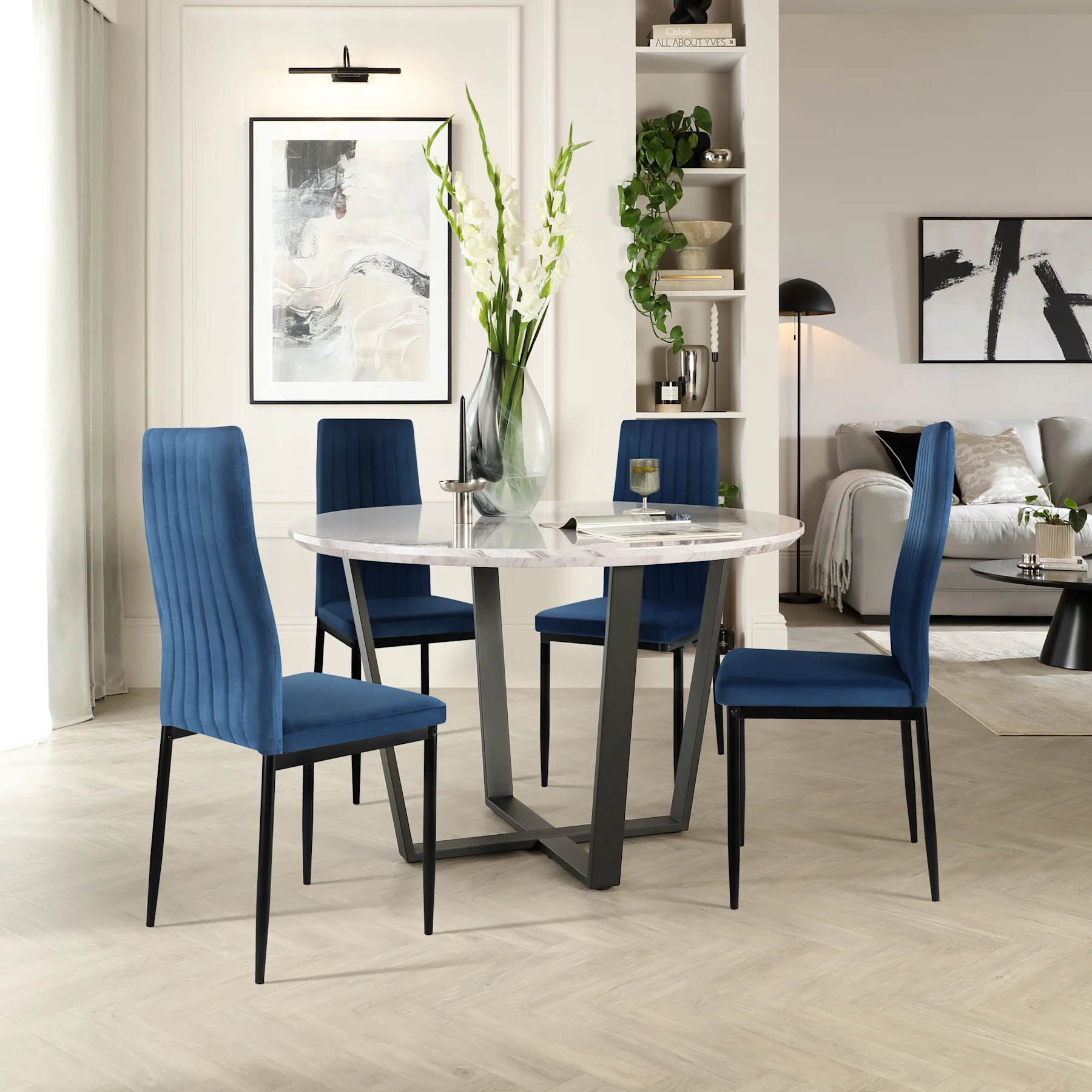 Traviso Round Dining Table & 4 Leon Chairs, Grey Marble Effect & Black Steel, Blue Classic Velvet, 120cm