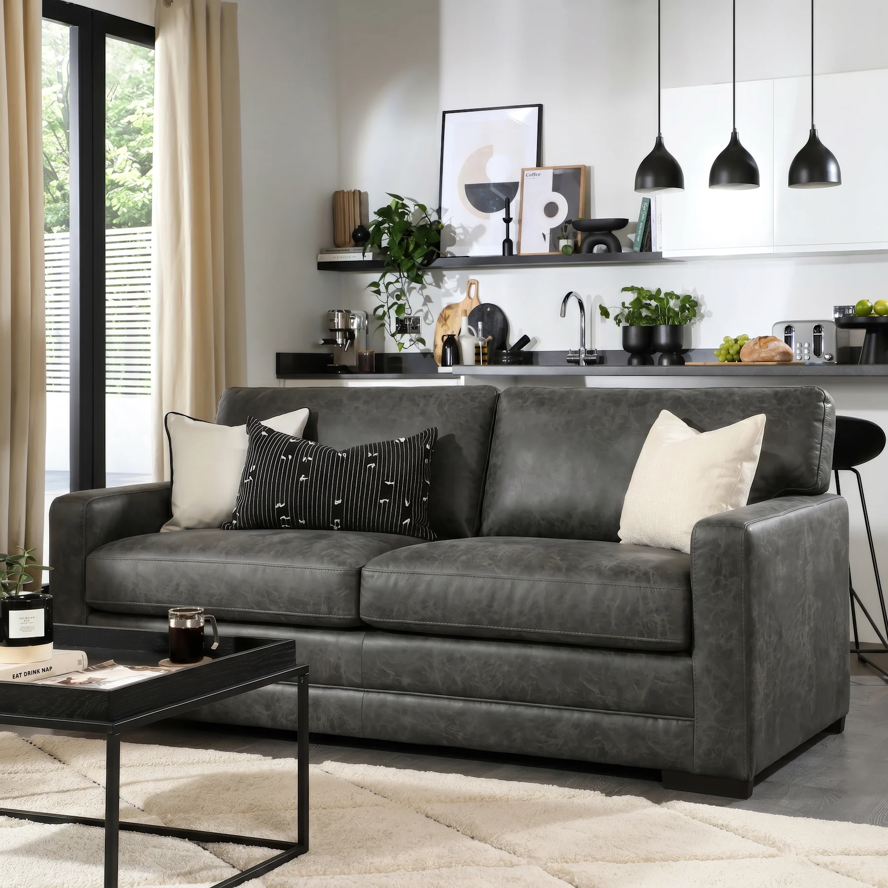 Arden 3 Seater Sofa, Vintage Grey Premium Faux Leather