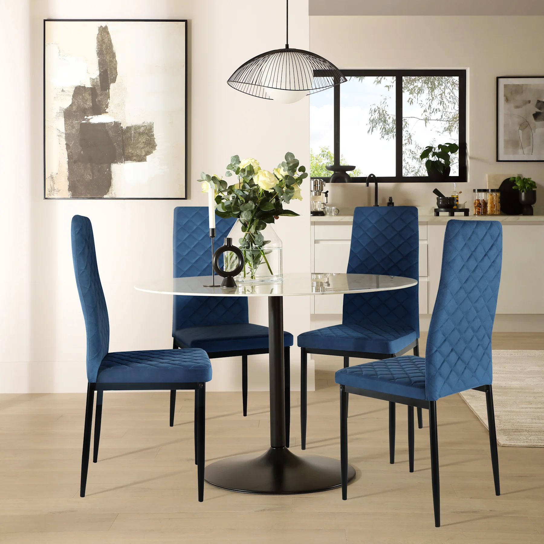 Orbit Round Dining Table & 4 Renzo  Chairs, White Marble Effect & Black Steel, Blue Classic Velvet, 150cm