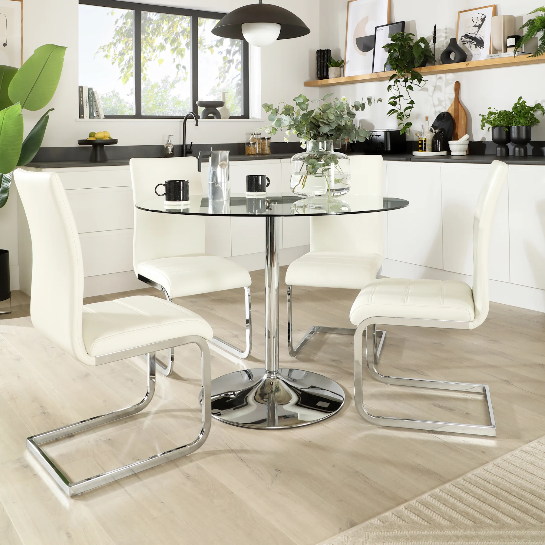 Orbit Round Dining Table & 4 Perth Chairs, Glass & Chrome, White Premium Faux Leather, 110cm