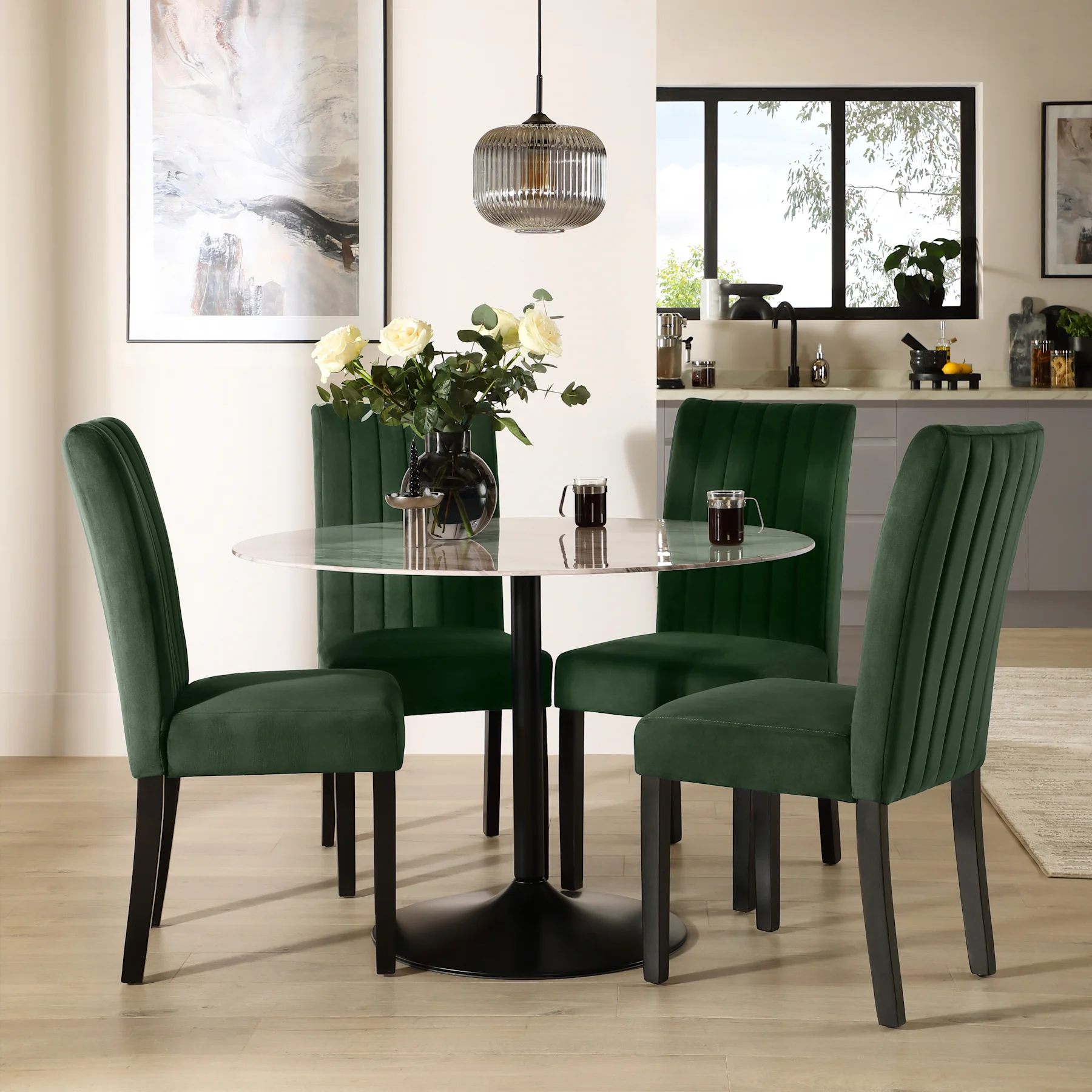 Orbit Round Dining Table & 2 Salisbury Dining Chairs, Grey Marble Effect & Black Steel, Moss Green Classic Velvet & Black Solid Hardwood, 110cm