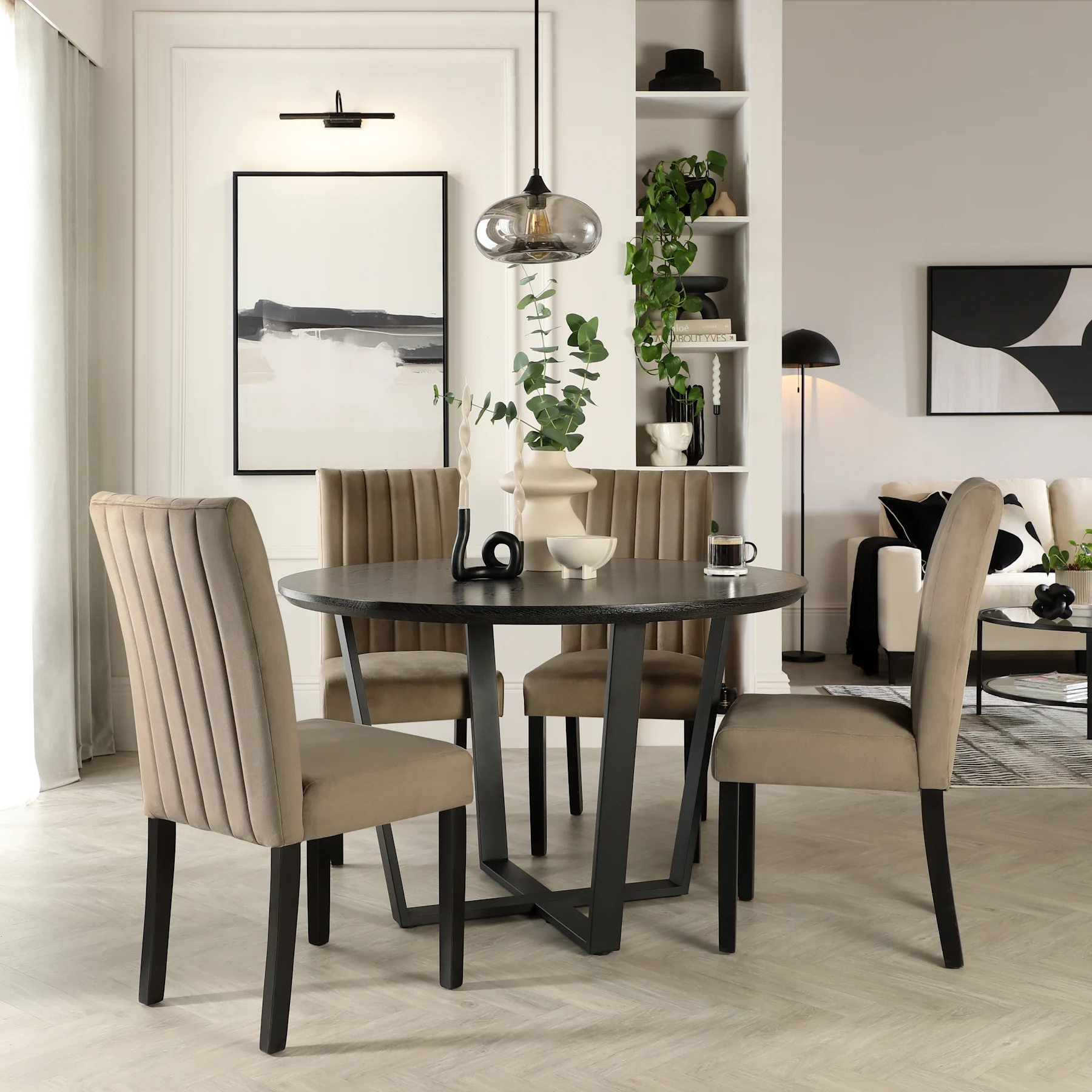 Traviso Round Dining Table & 4 Salisbury Chairs, Black Oak Effect & Black Steel, Beige Classic Velvet & Black Solid Hardwood, 120cm