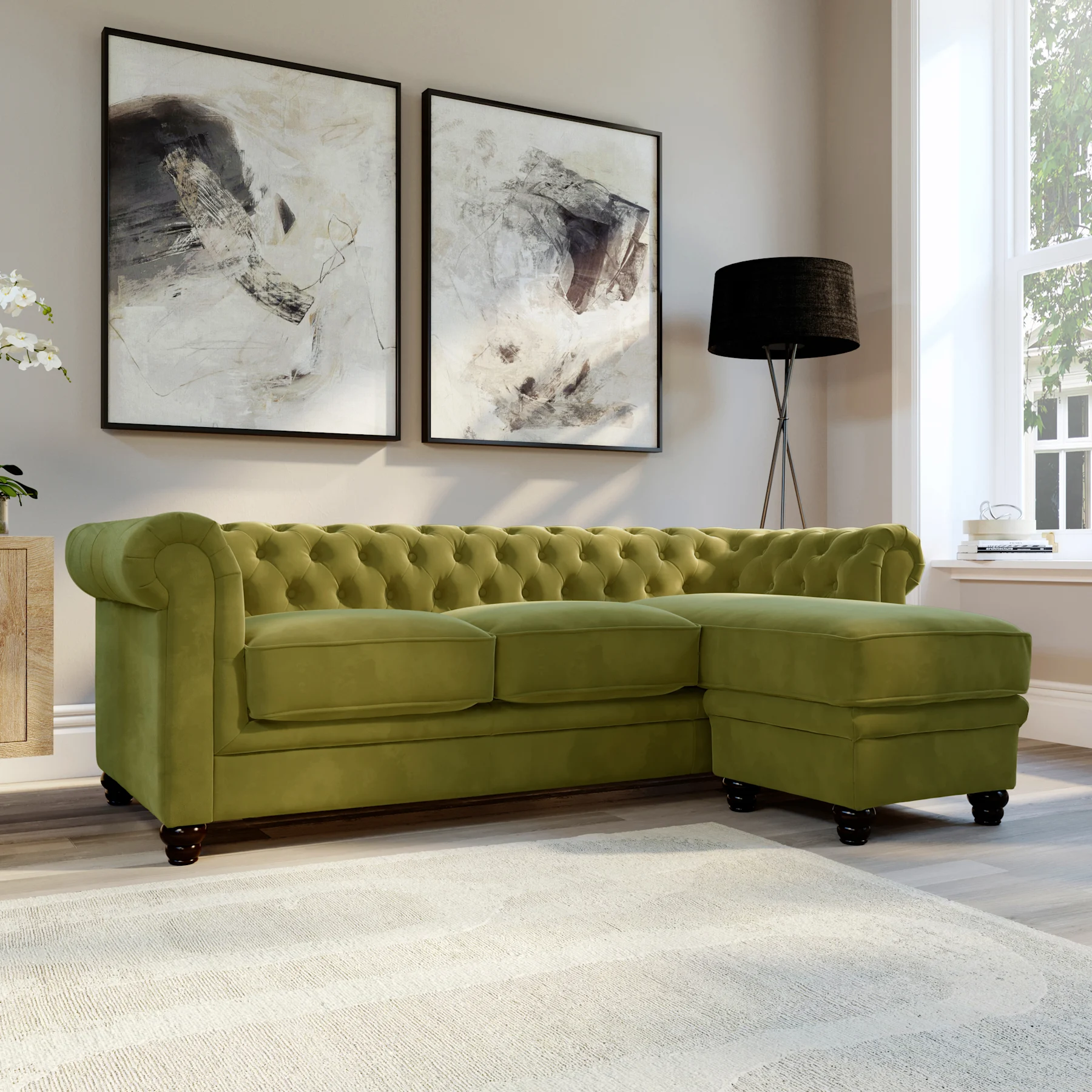 Hampton Chesterfield L-Shape Corner Sofa, Olive Green Classic Velvet