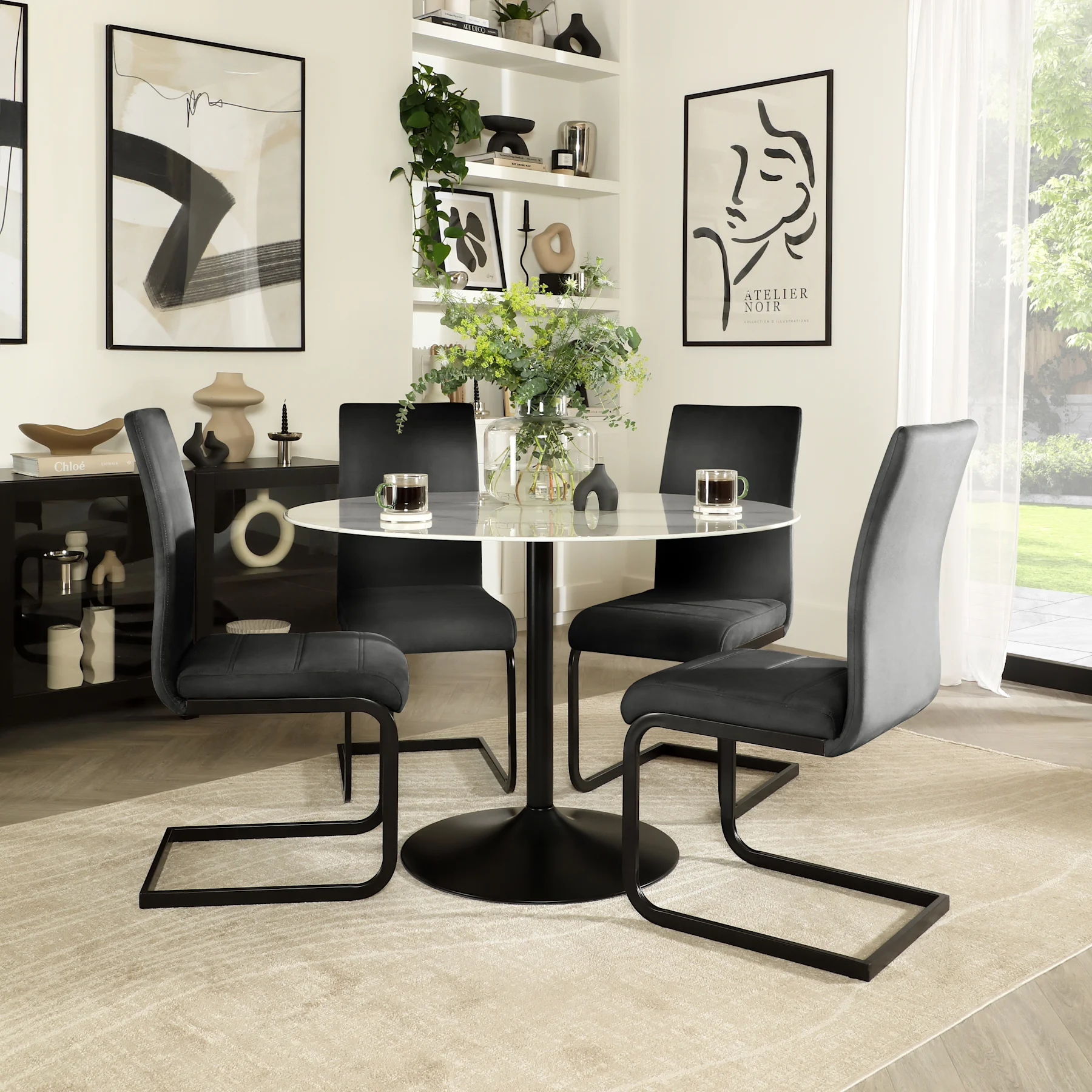 Orbit Round Dining Table & 4 Perth Chairs, White Marble Effect & Black Steel, Black Classic Velvet, 110cm