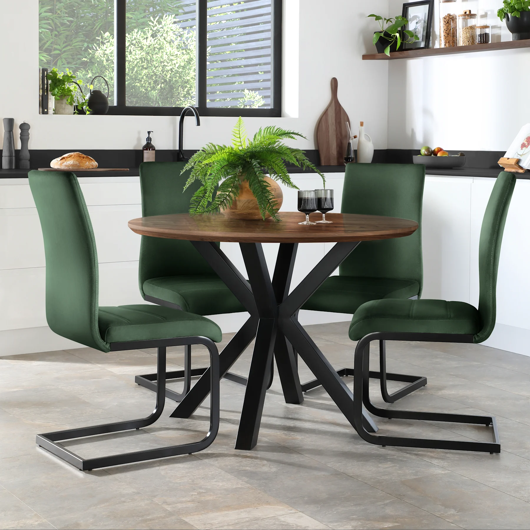 Newark Round Industrial Dining Table & 4 Perth Chairs, Walnut Effect & Black Steel, Moss Green Classic Velvet, 110cm