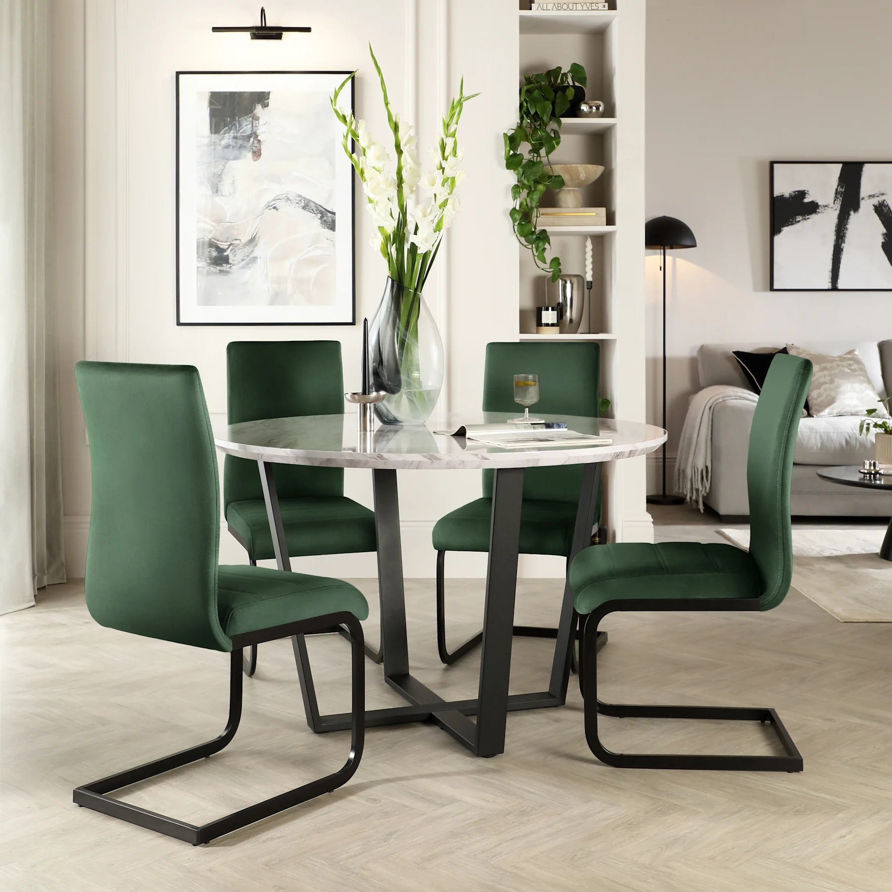 Traviso Round Dining Table & 4 Perth Chairs, Grey Marble Effect & Black Steel, Moss Green Classic Velvet, 120cm