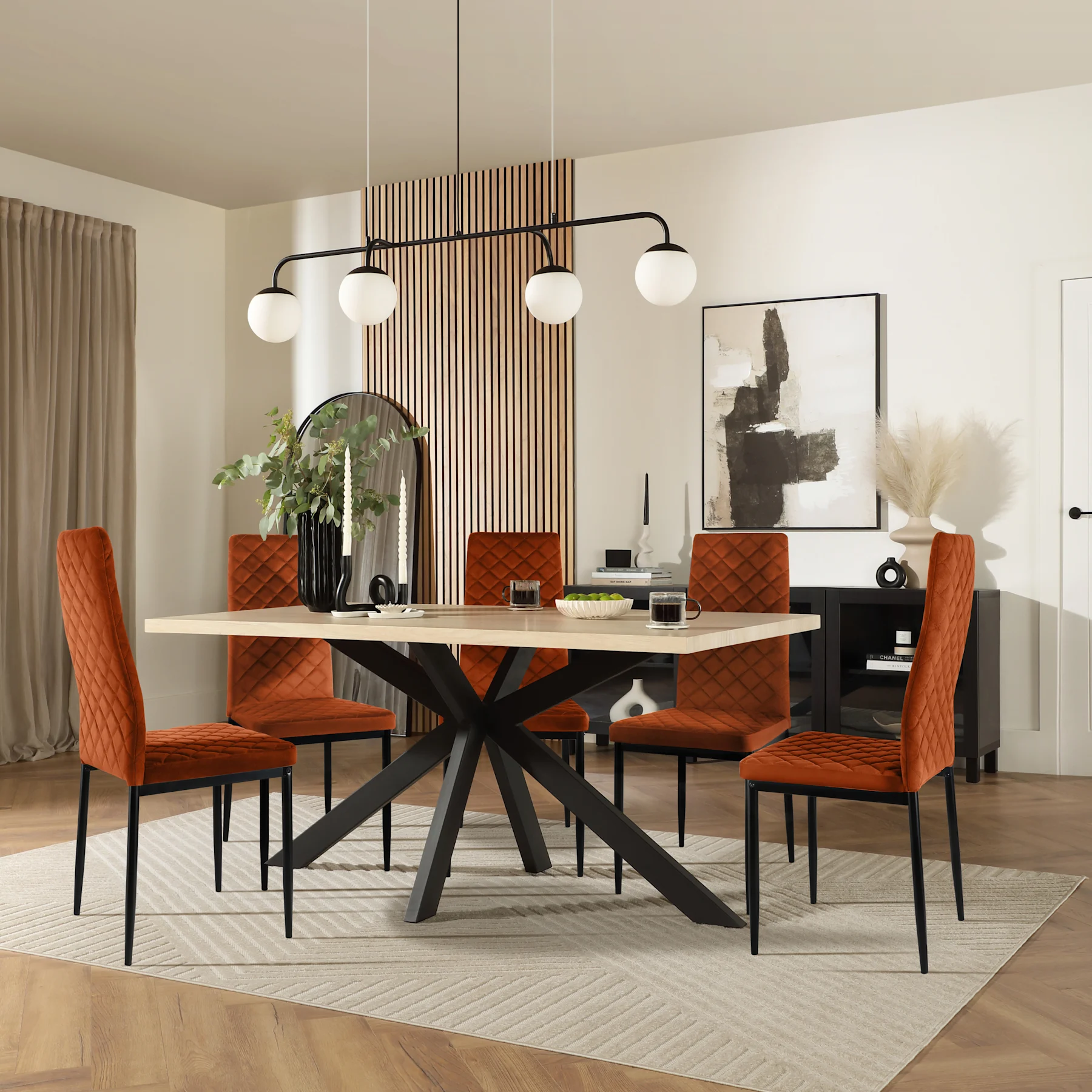 Madison Dining Table & 4 Renzo  Chairs, Light Oak Effect & Black Steel, Burnt Orange Classic Velvet, 150cm