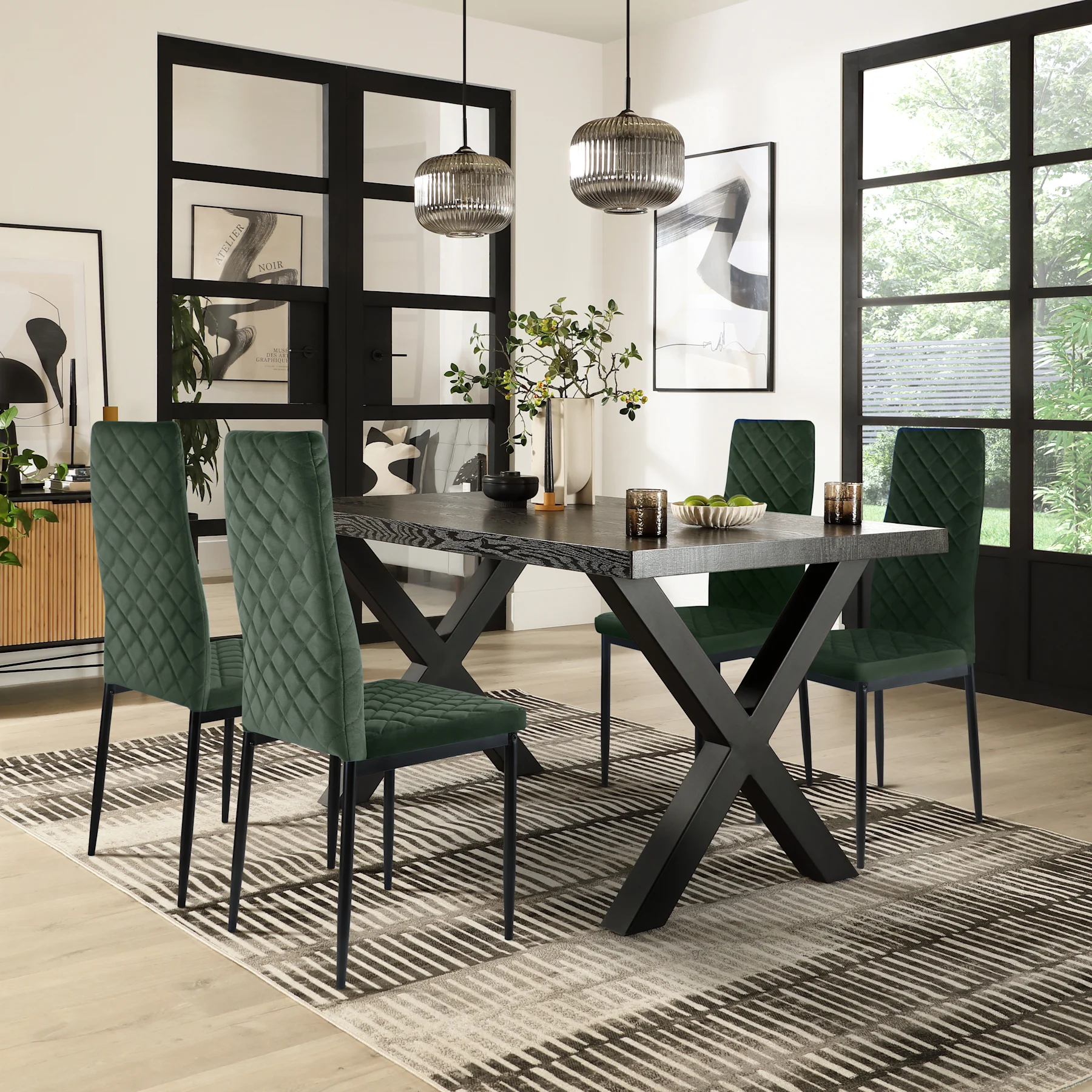 Franklin Dining Table & 4 Renzo  Chairs, Black Oak Effect & Black Steel, Moss Green Classic Velvet, 150cm