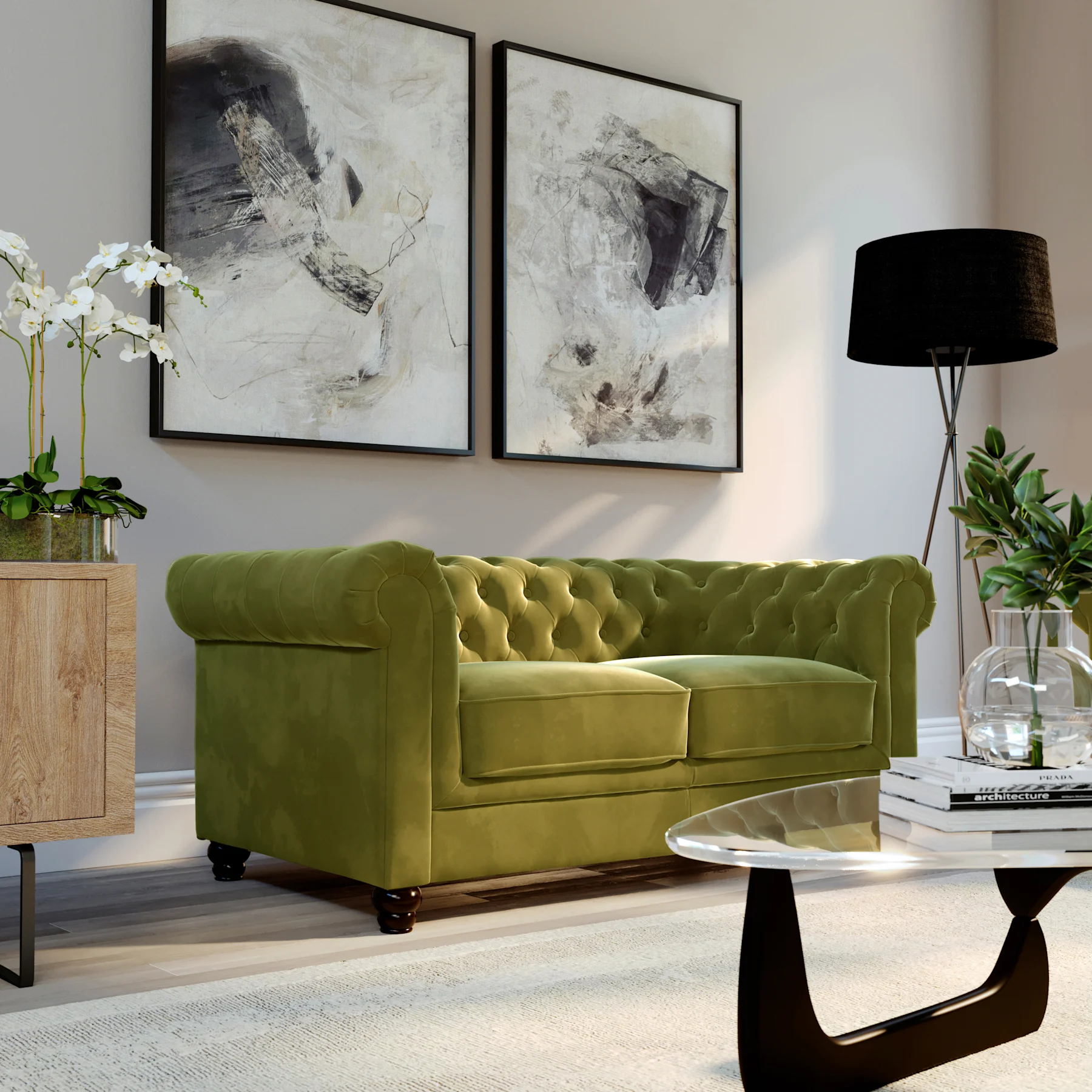 Hampton 2 Seater Chesterfield Sofa, Olive Green Classic Velvet