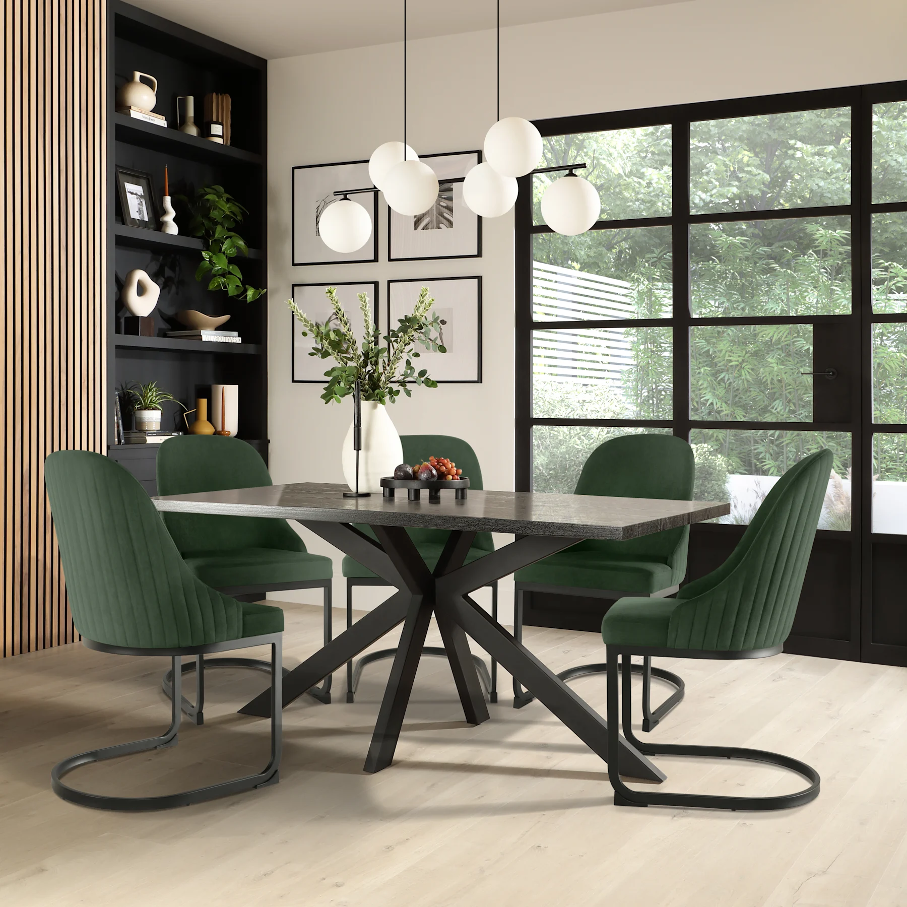 Madison Dining Table & 4 Riva Chairs, Black Oak Effect & Black Steel, Moss Green Classic Velvet, 160cm