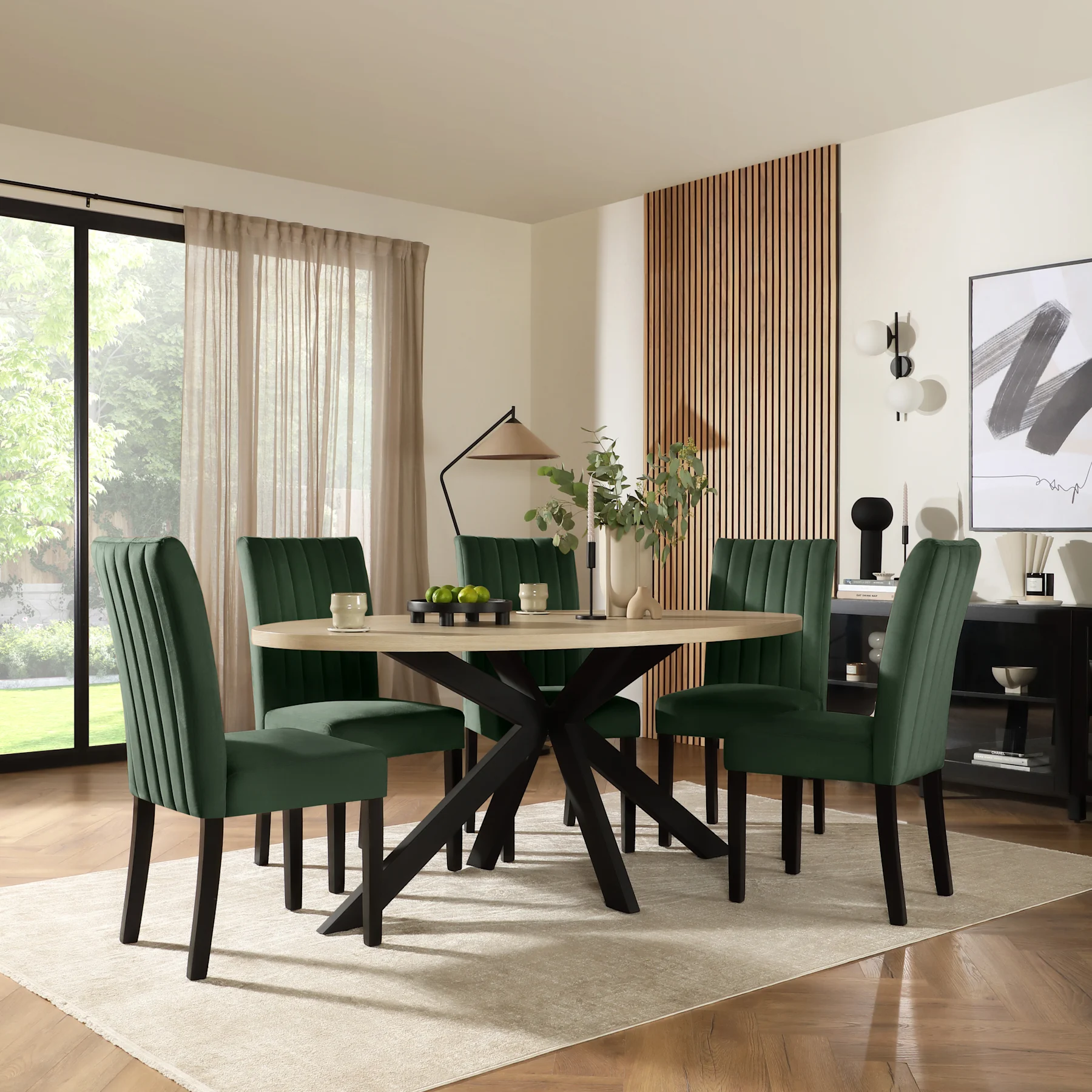 Madison Oval Dining Table & 6 Salisbury Chairs, Light Oak Effect & Black Steel, Moss Green Classic Velvet & Black Solid Hardwood, 180cm