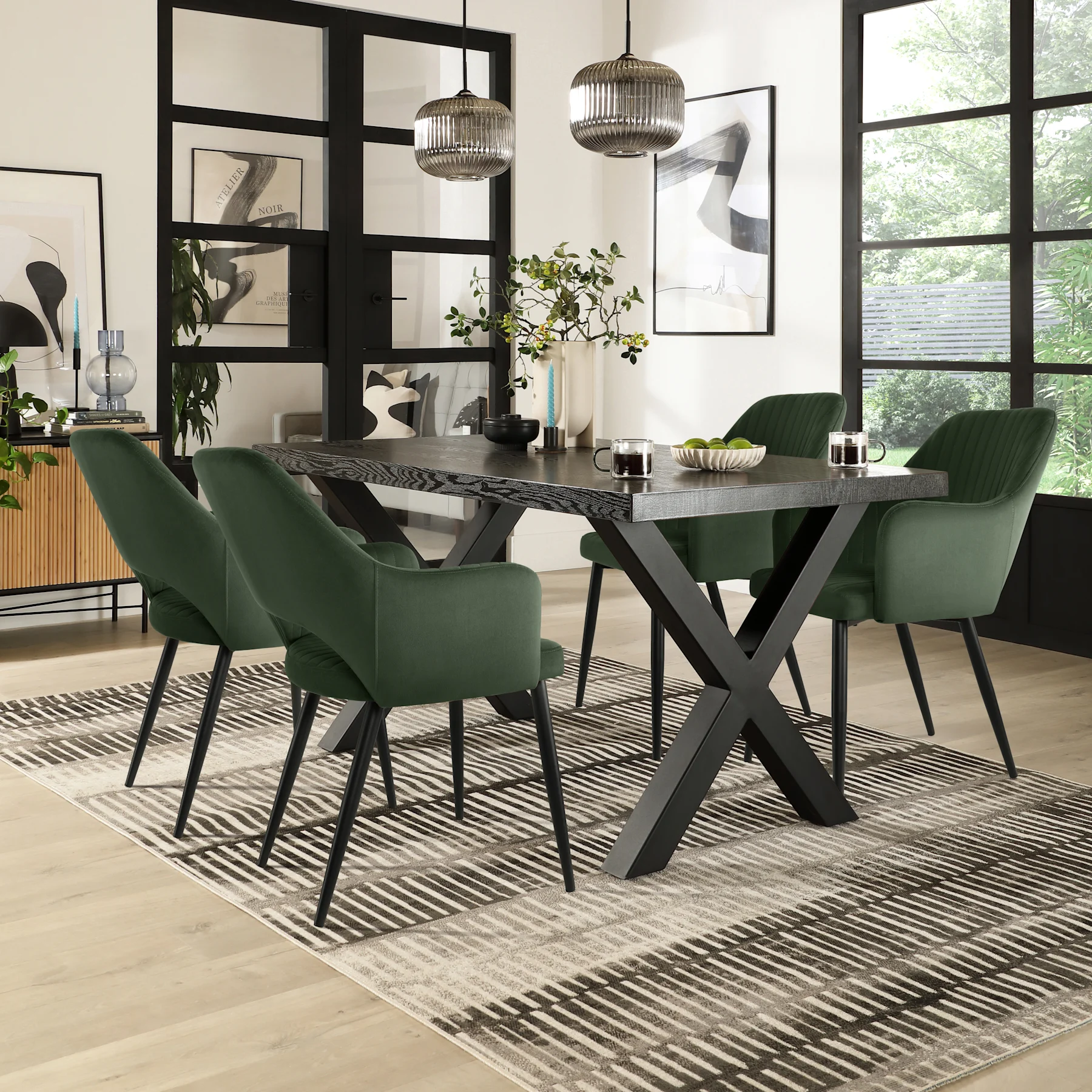 Franklin Dining Table & 4 Clara Chairs, Black Oak Effect & Black Steel, Moss Green Classic Velvet, 150cm