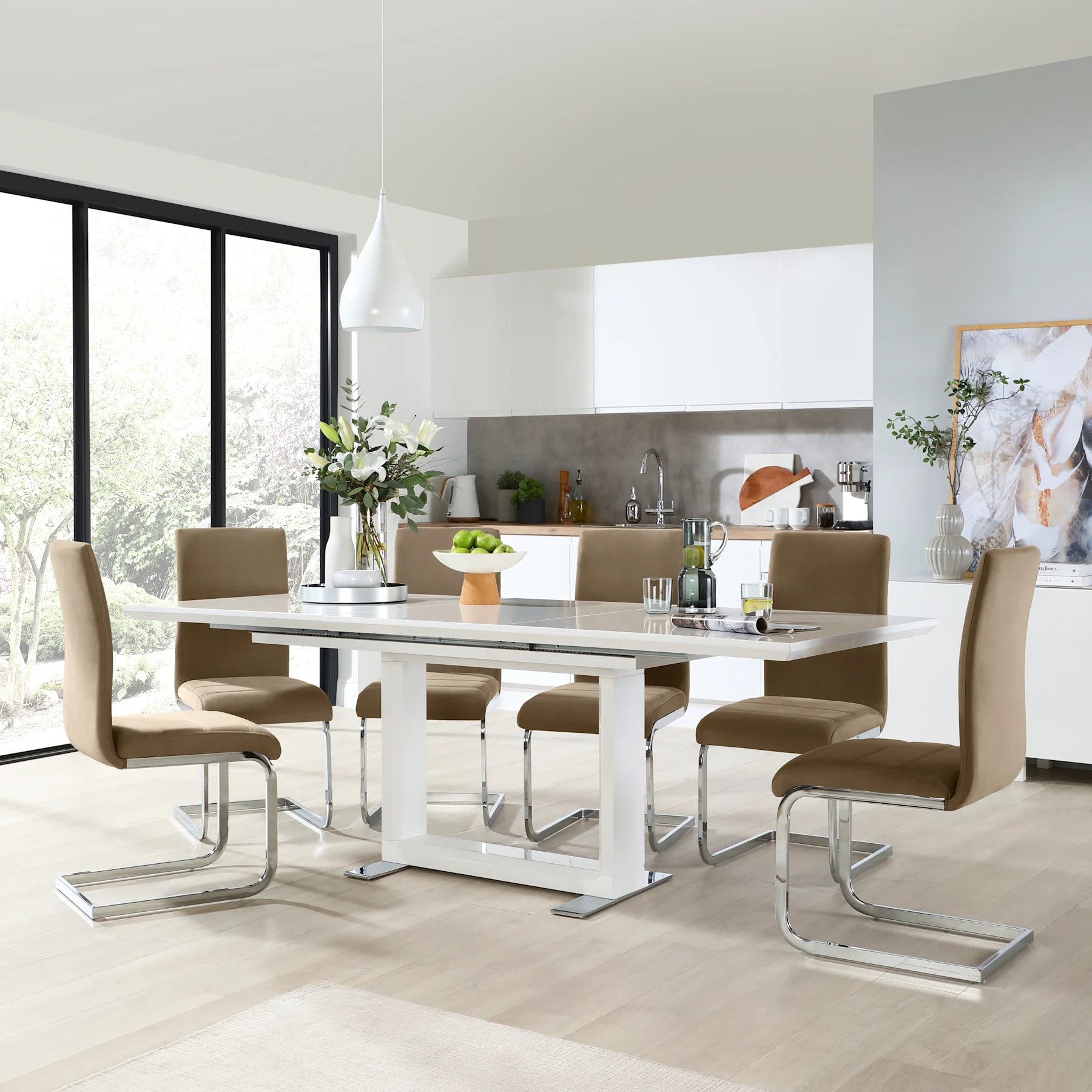 Tokyo Extending Dining Table & 4 Perth Chairs, White High Gloss, Beige Classic Velvet & Chrome, 160-220cm