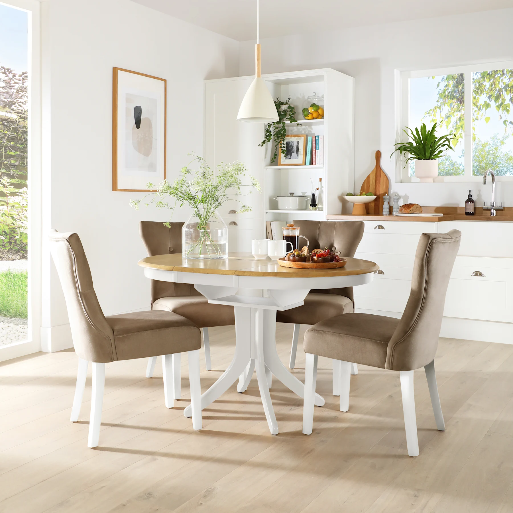 Hudson Round Extending Dining Table & 4 Bewley Chairs, Natural Oak Finish & White Solid Hardwood, Beige Classic Velvet, 90-120cm