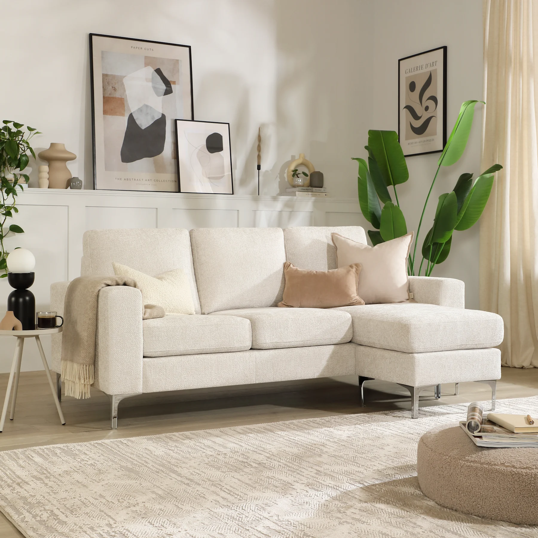 Baltimore L-Shape Corner Sofa, Ivory Woven Chenille Fabric