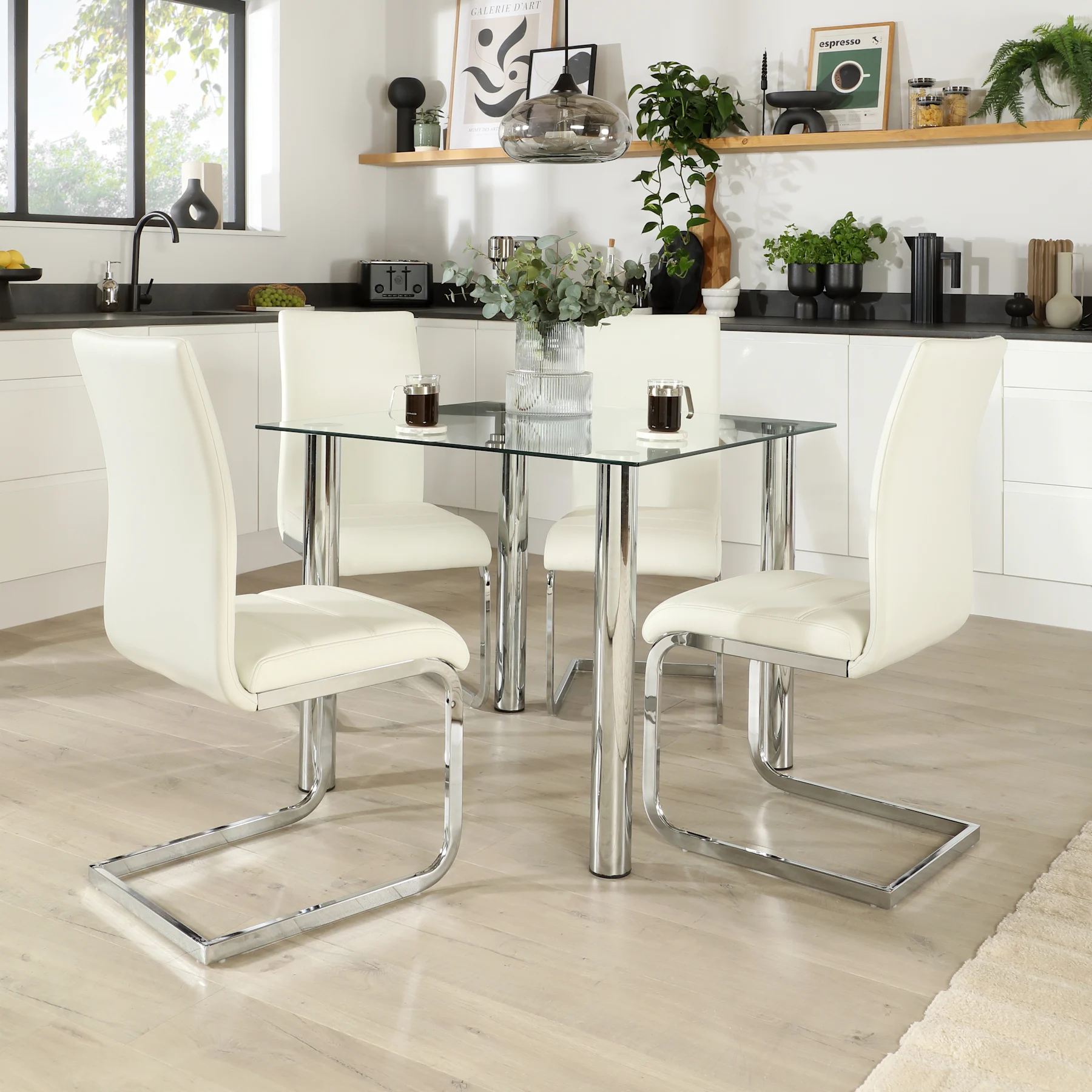 Nova Square Dining Table & 4 Perth Chairs, Glass & Chrome, White Premium Faux Leather, 90cm