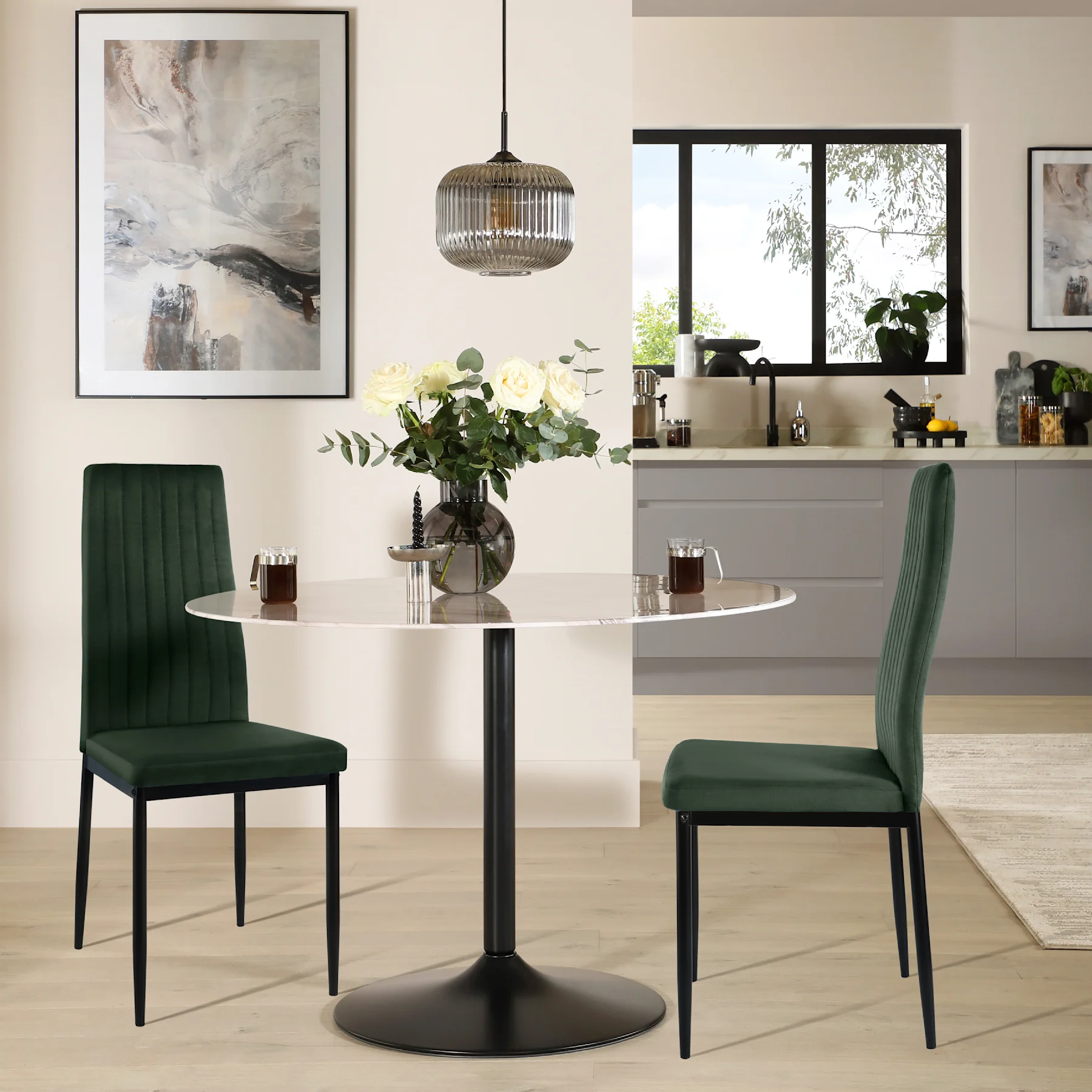 Orbit Round Dining Table & 2 Leon  Chairs, Grey Marble Effect & Black Steel, Moss Green Classic Velvet, 150cm