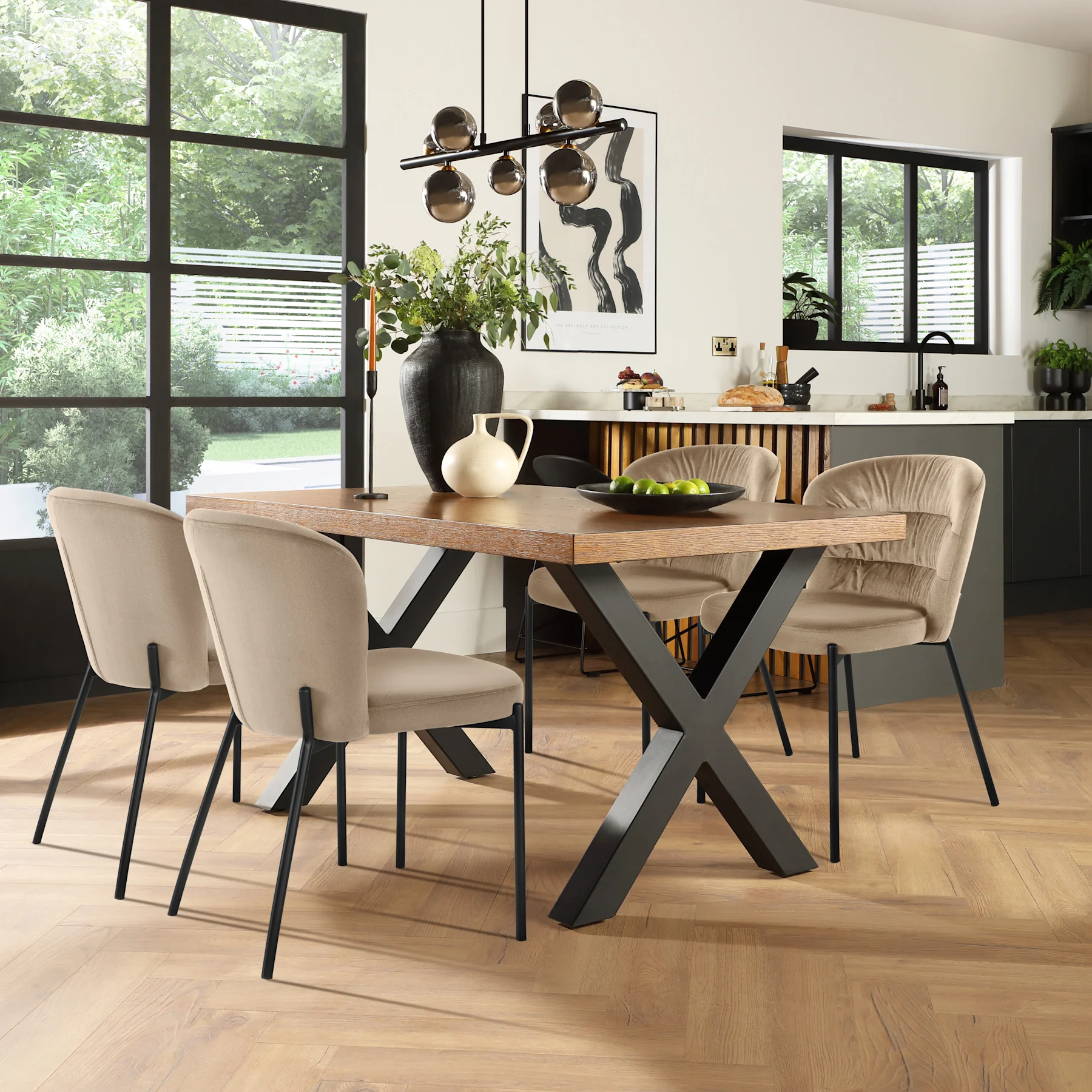 Franklin Industrial Dining Table & 4 Gianna Chairs, Dark Oak Veneer & Black Steel, Champagne Classic Velvet, 150cm