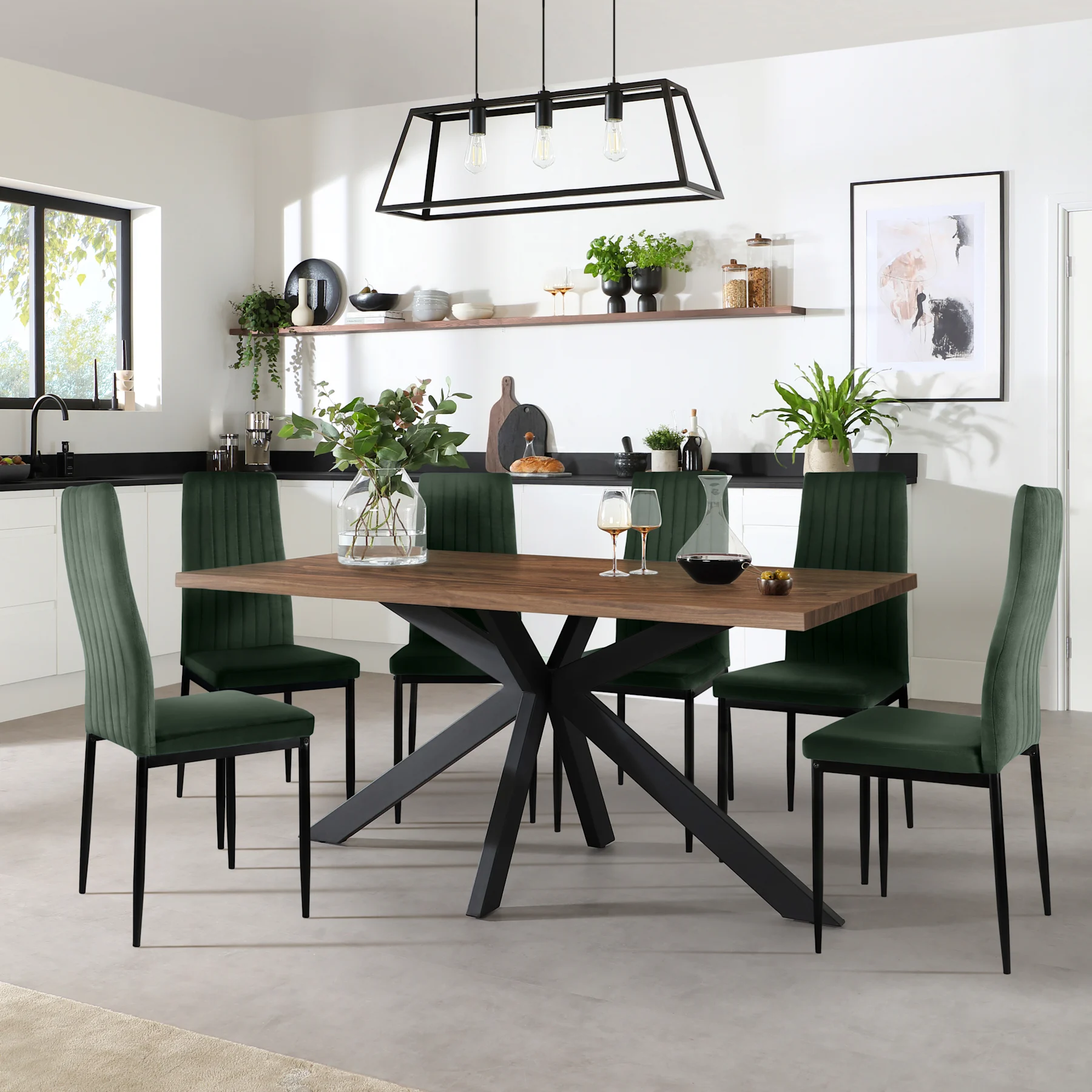 Madison Industrial Dining Table & 4 Leon  Chairs, Walnut Effect & Black Steel, Moss Green Classic Velvet, 150cm