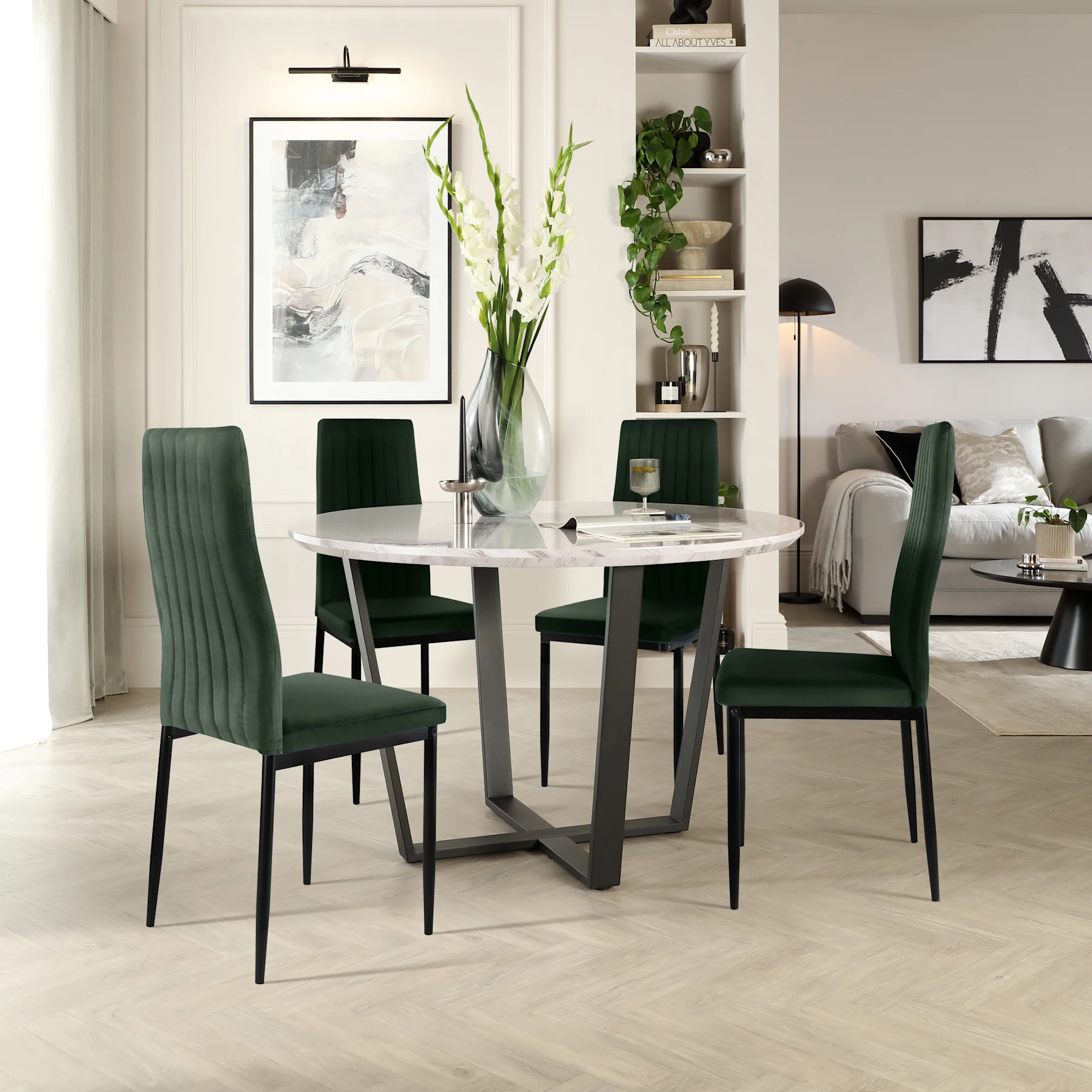 Traviso Round Dining Table & 4 Leon Chairs, Grey Marble Effect & Black Steel, Moss Green Classic Velvet, 120cm