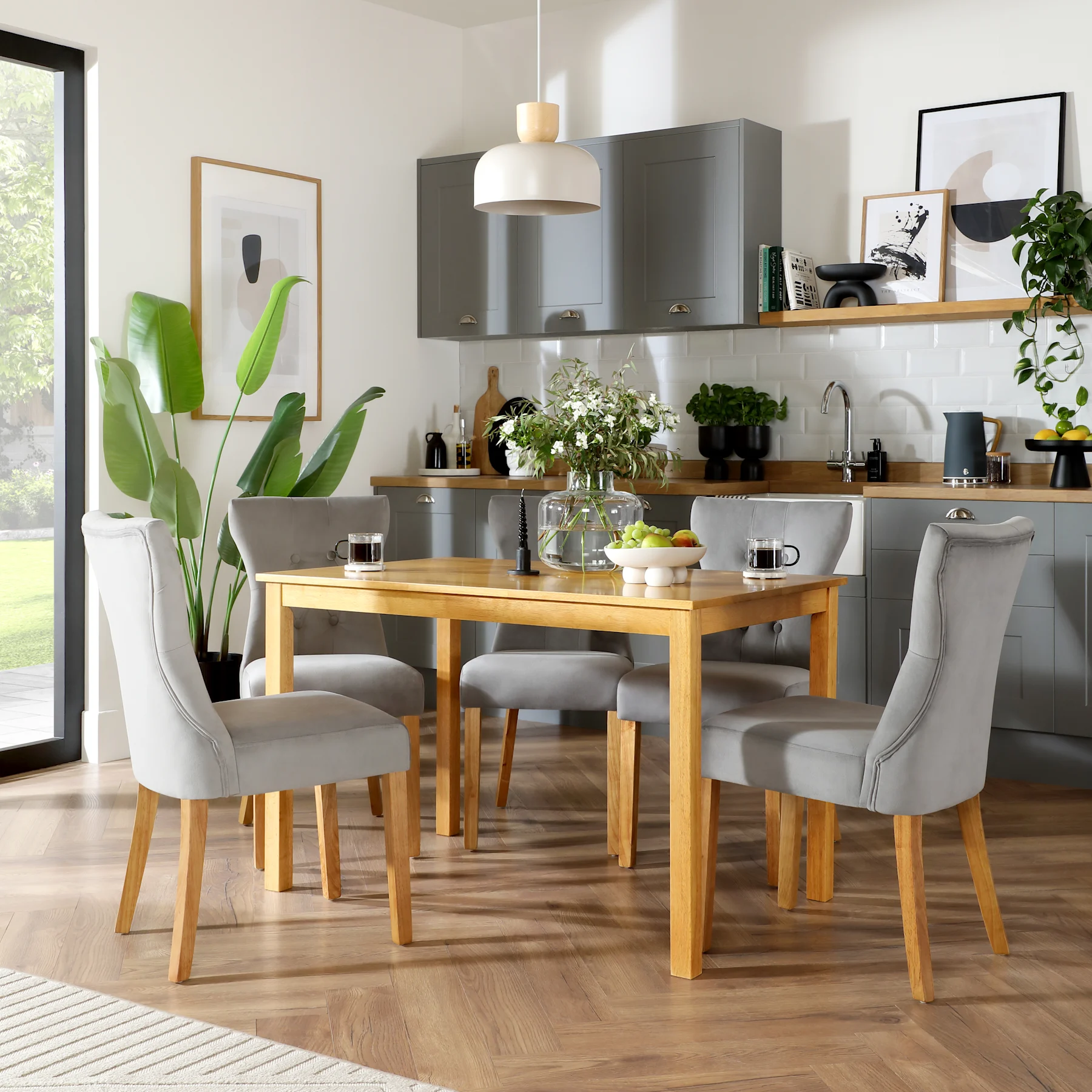 Milton Dining Table & 4 Bewley Chairs, Natural Oak Finished Solid Hardwood, Grey Classic Velvet, 120cm