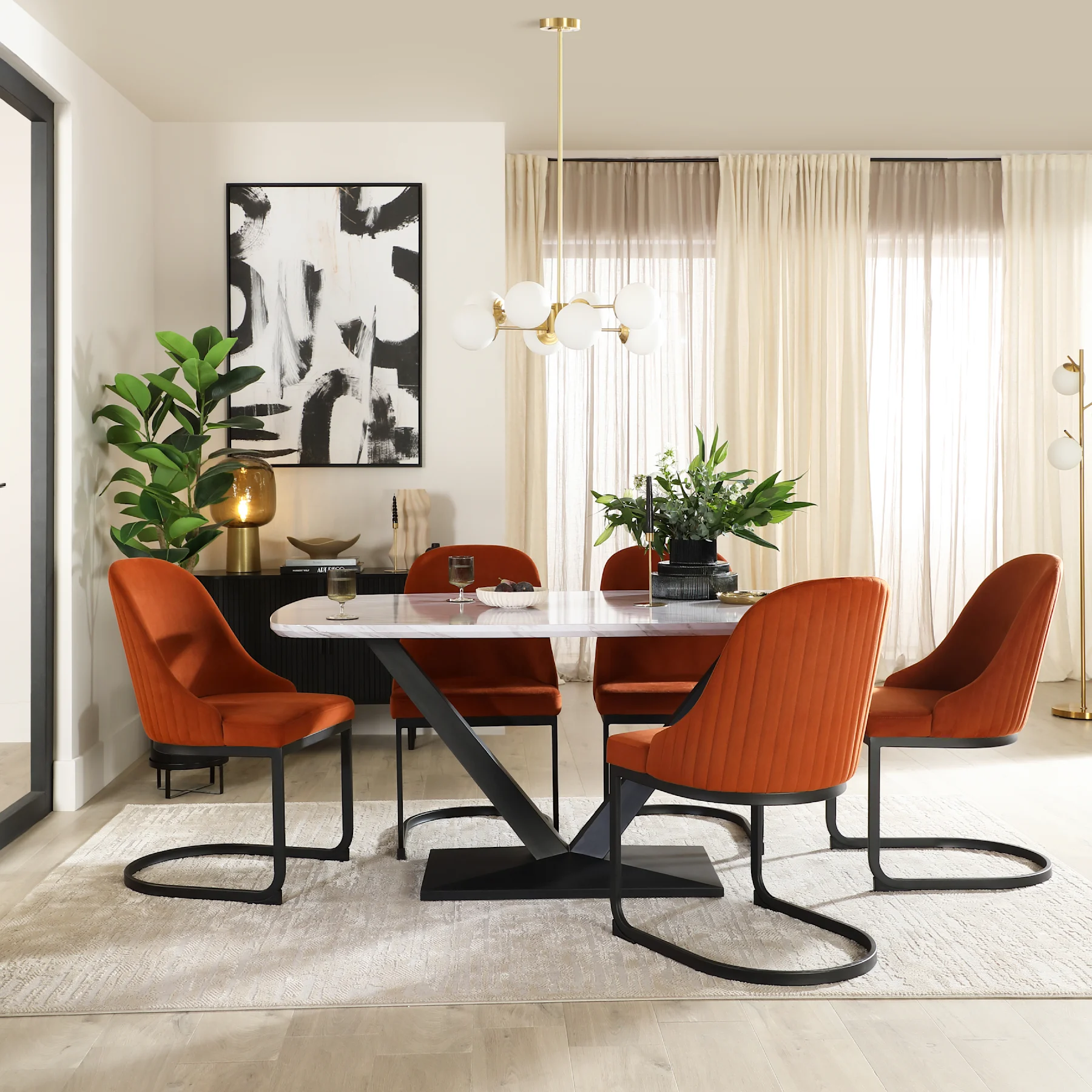 Avanta Dining Table & 6 Riva Dining Chairs, Grey Marble Effect & Black Steel, Burnt Orange Classic Velvet, 160cm