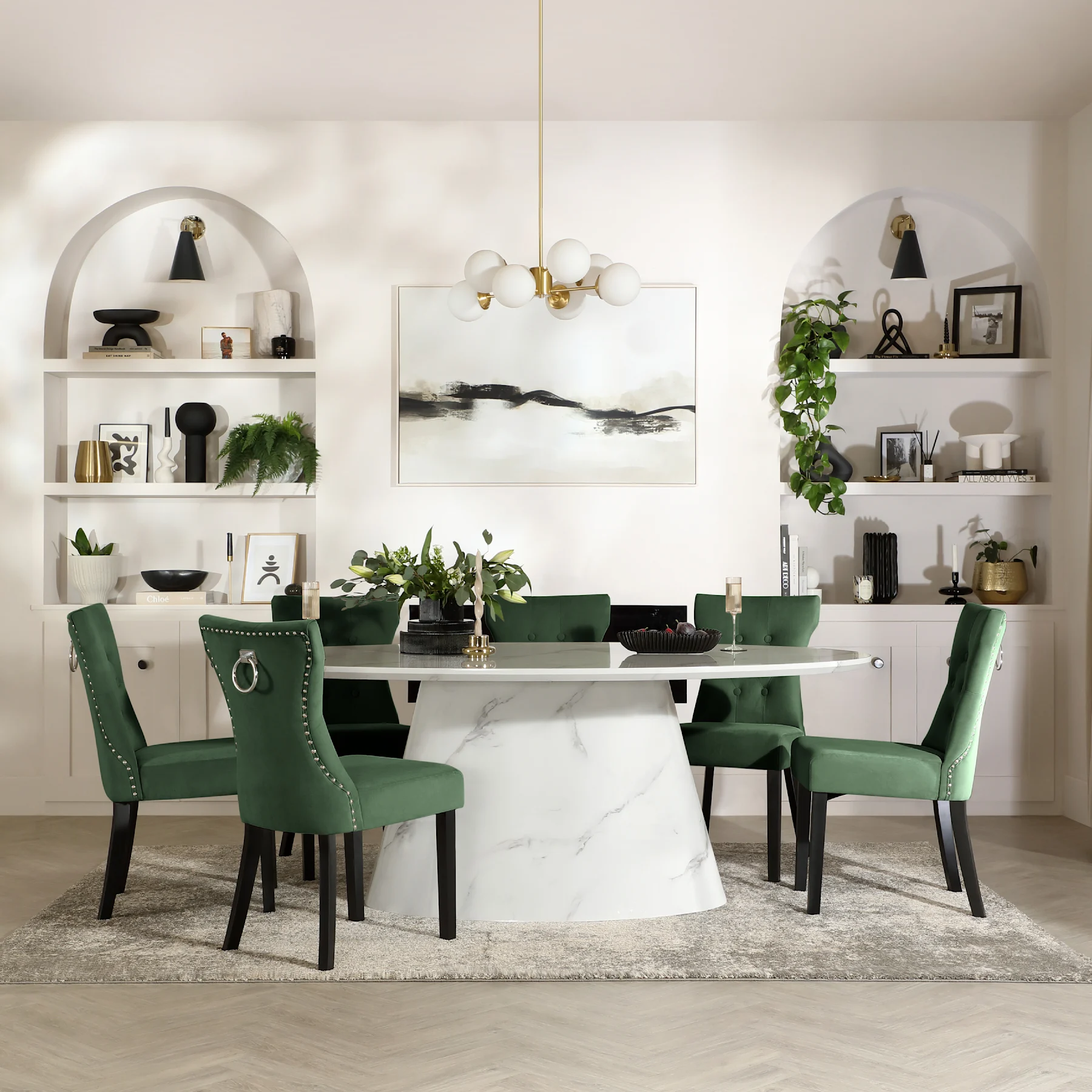 Accorto Oval Dining Table & 6 Kensington Chairs, White Marble Effect, Moss Green Classic Velvet & Black Solid Hardwood, 200cm