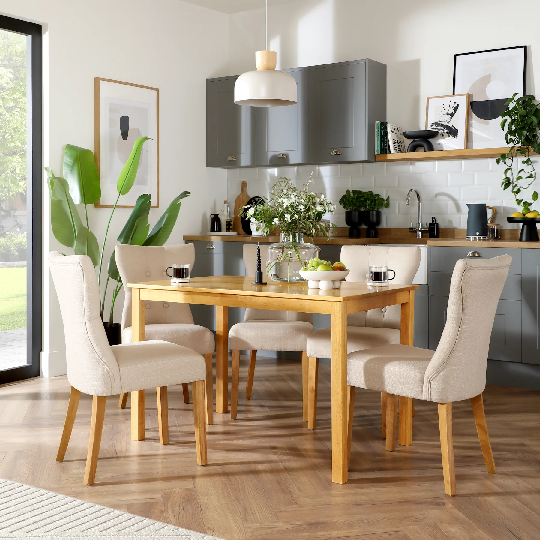 Milton Dining Table & 6 Bewley Chairs, Natural Oak Finished Solid Hardwood, Oatmeal Classic Linen-Weave Fabric, 120cm