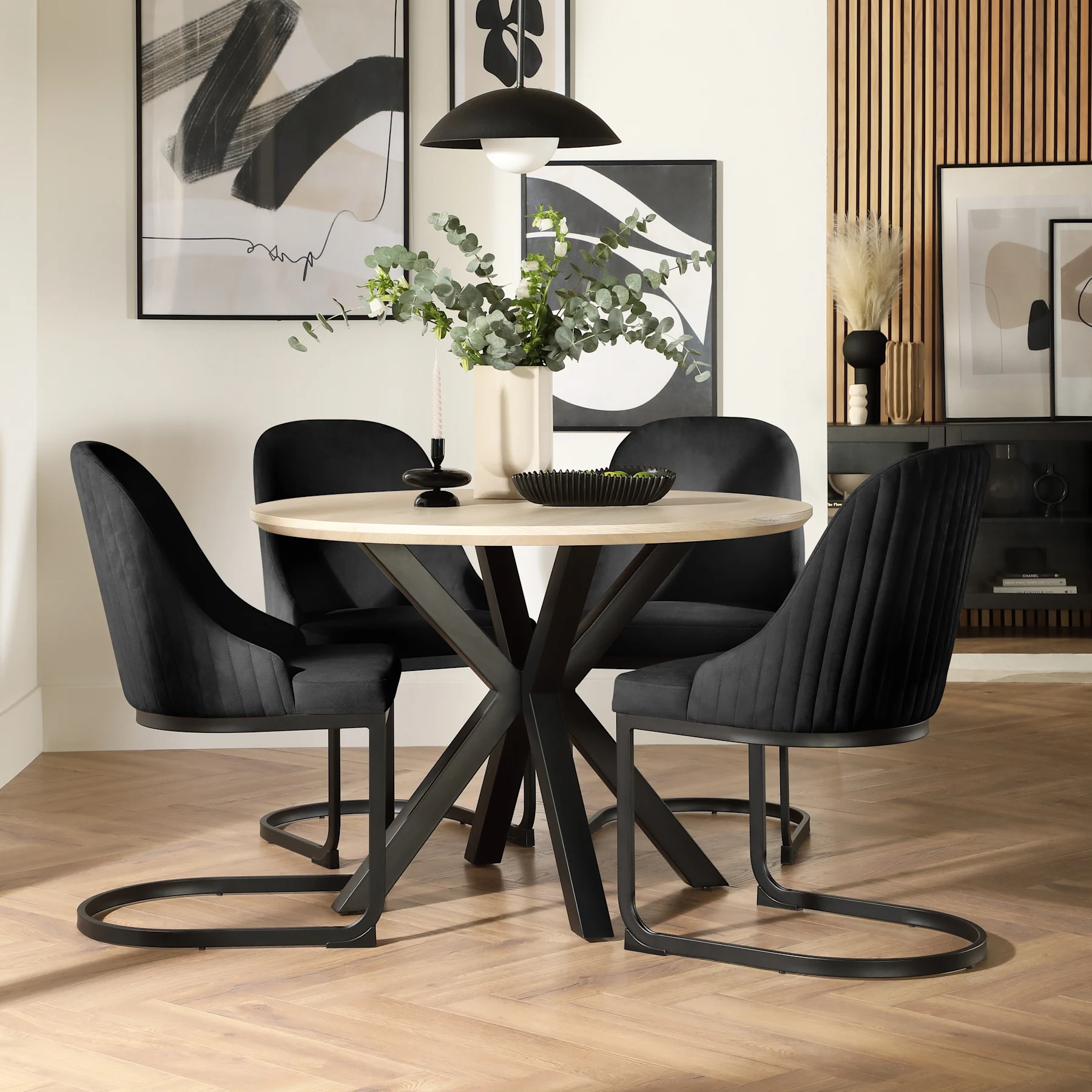 Newark Round Dining Table & 4 Riva Chairs, Light Oak Effect & Black Steel, Black Classic Velvet, 110cm
