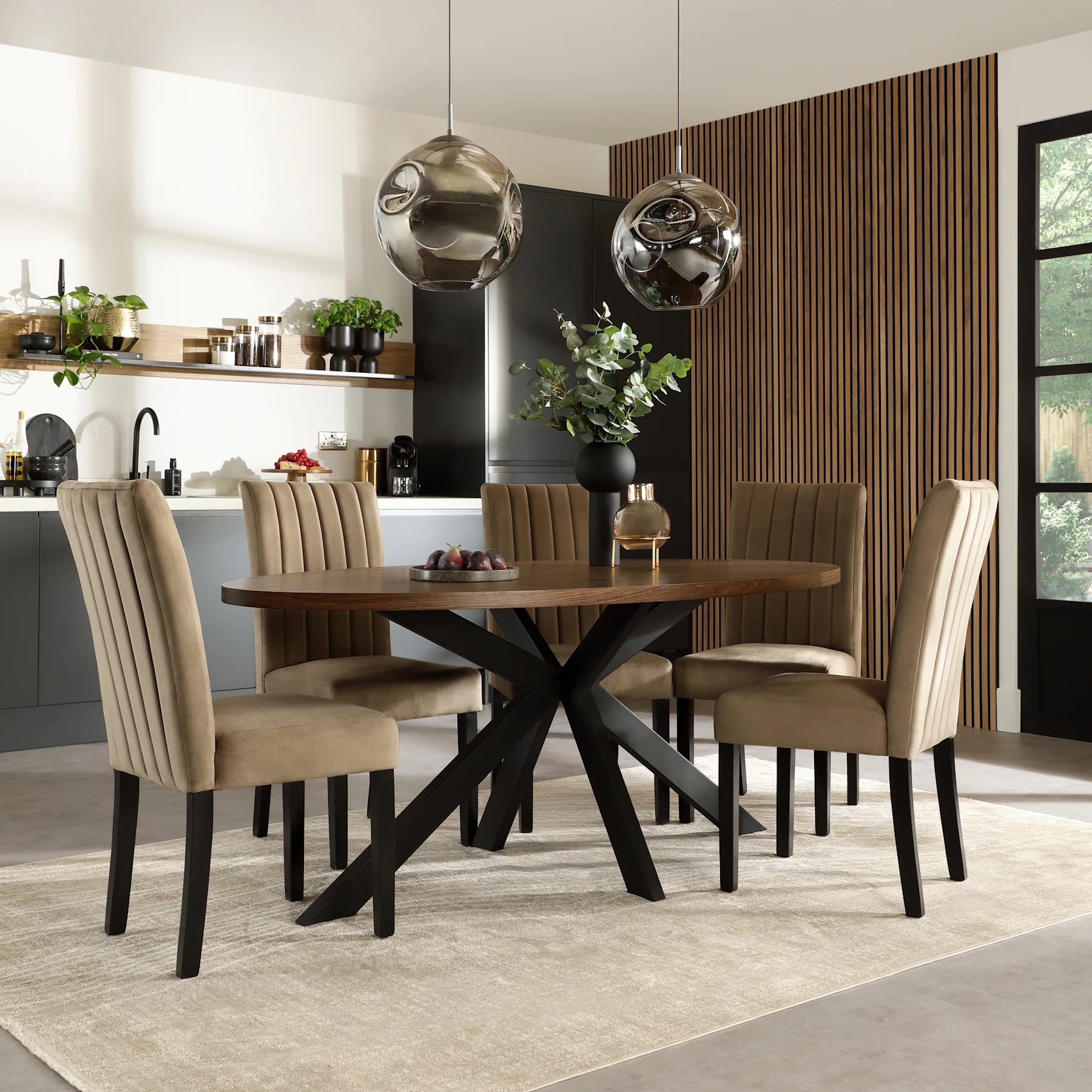Madison Oval Industrial Dining Table & 4 Salisbury Chairs, Walnut Effect & Black Steel, Beige Classic Velvet & Black Solid Hardwood, 180cm