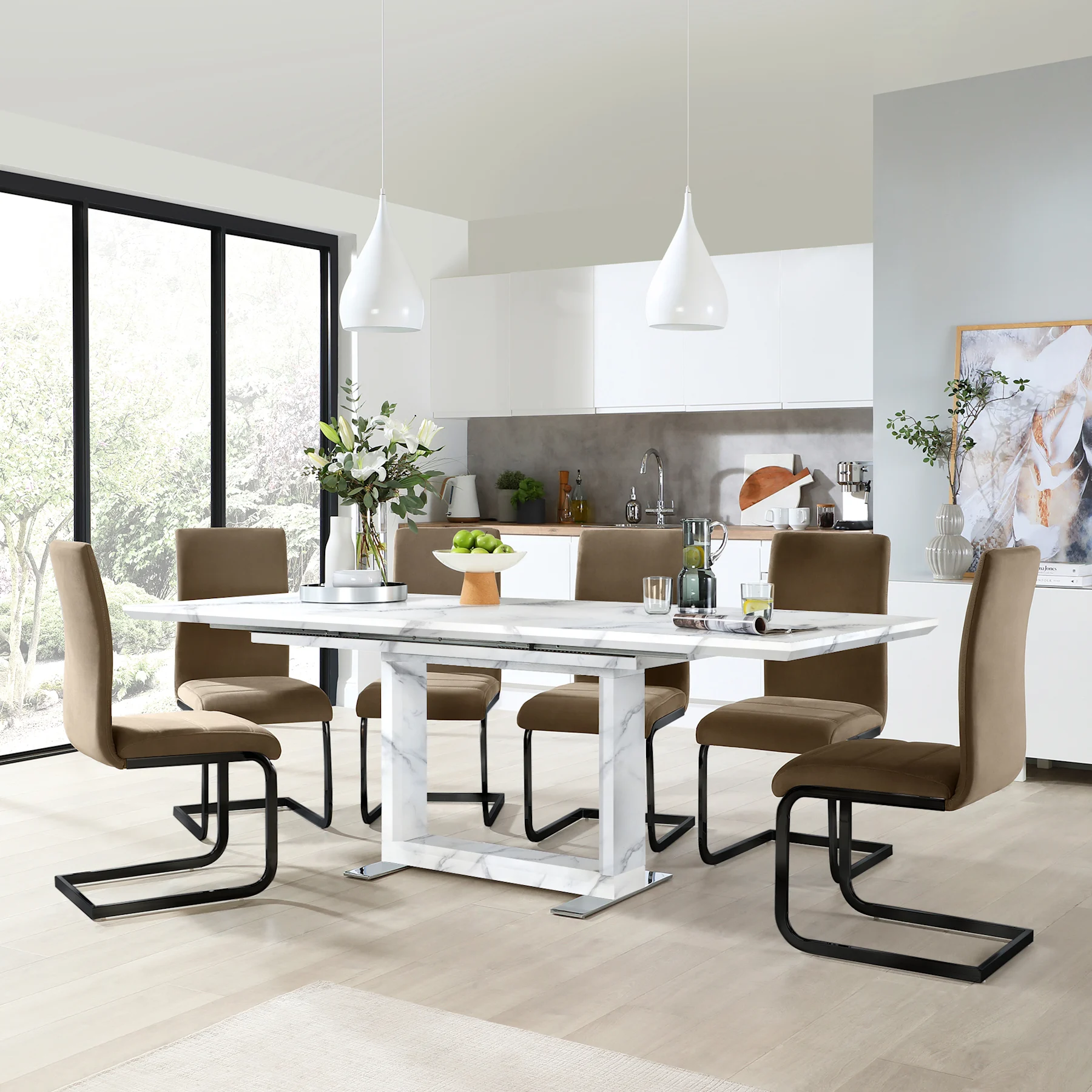 Tokyo Extending Dining Table & 6 Perth Chairs, White Marble Effect, Beige Classic Velvet & Black Steel, 160-220cm