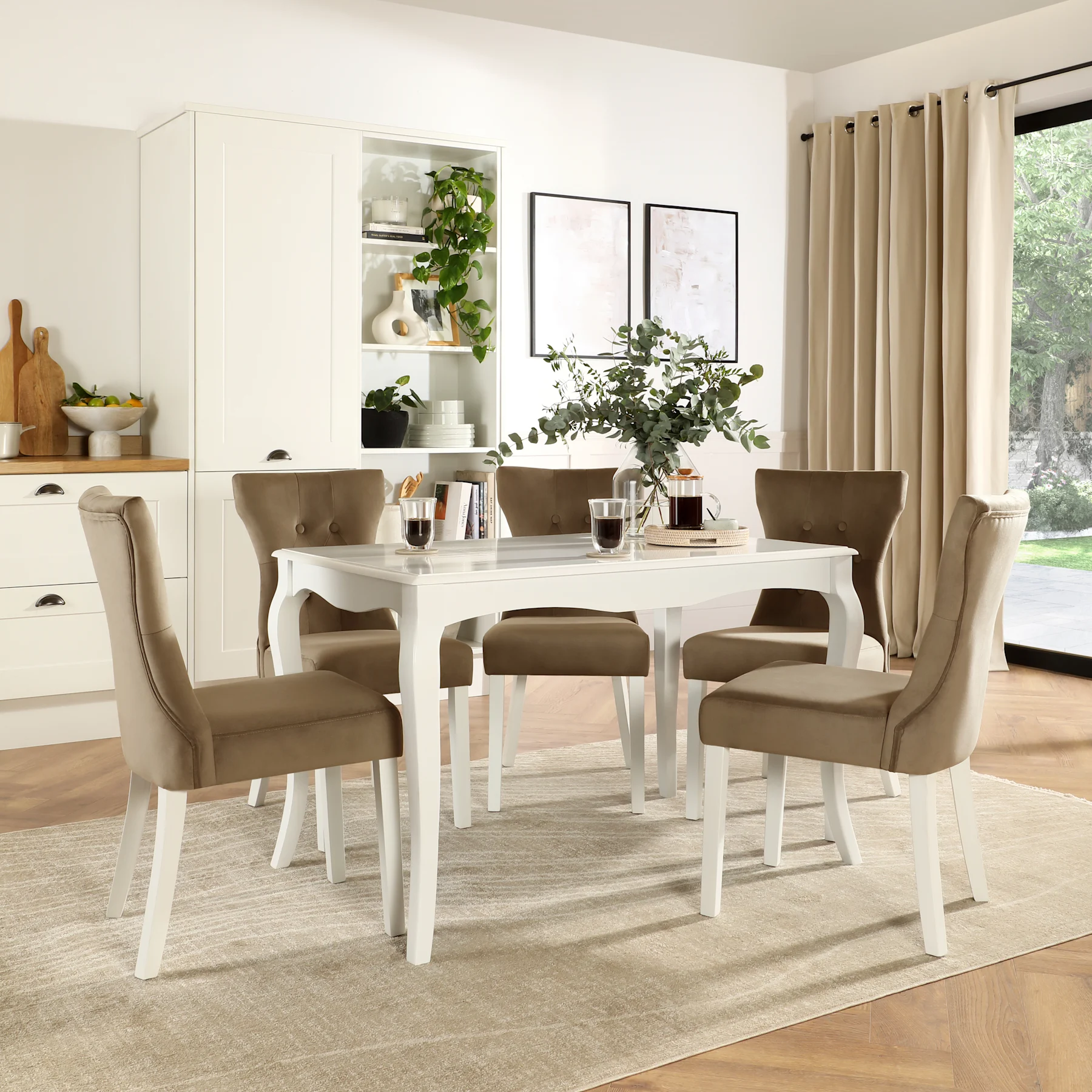 Clarendon Dining Table & 6 Bewley Chairs, White Wood, Beige Classic Velvet, 120cm