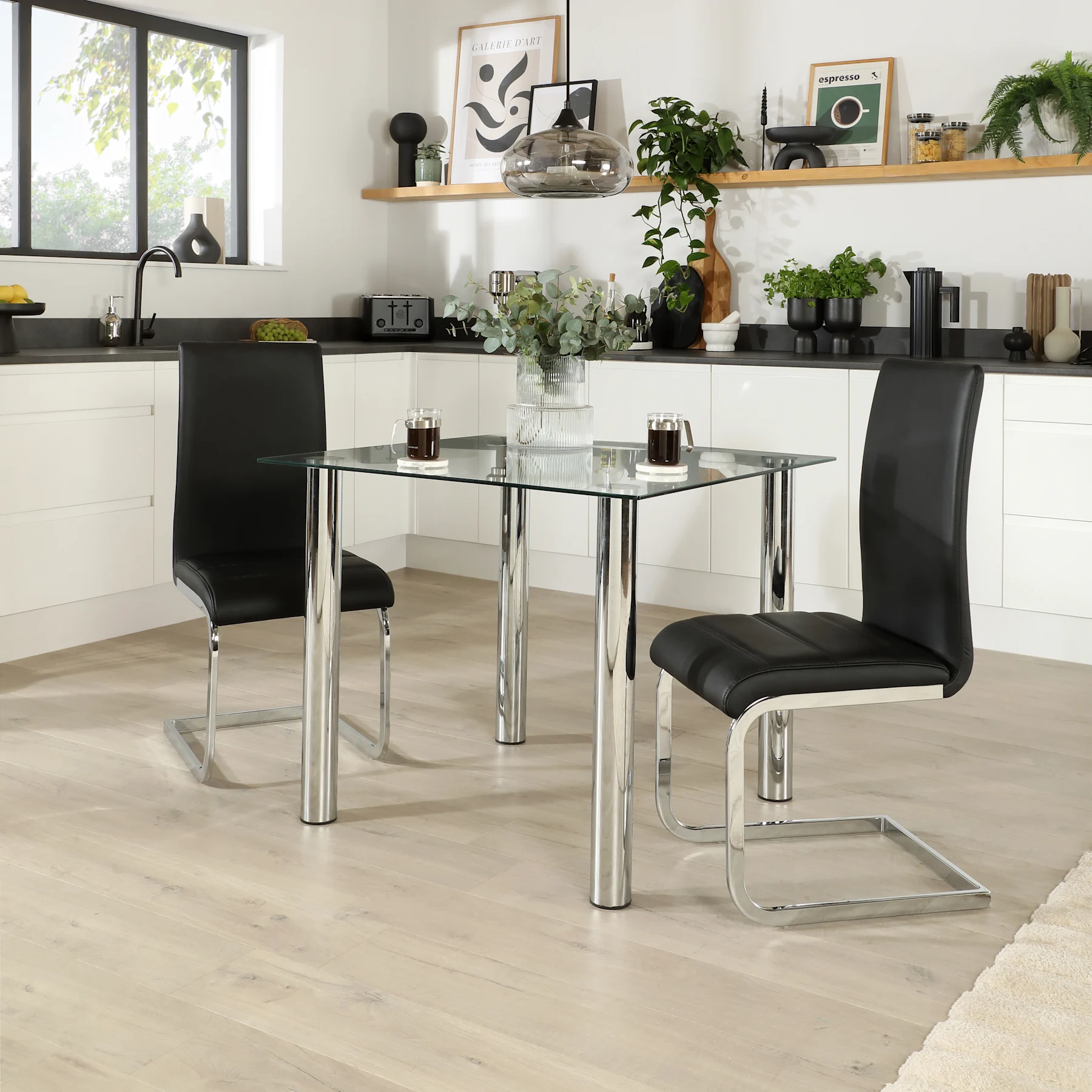 Nova Square Dining Table & 2 Perth Chairs, Glass & Chrome, Black Premium Faux Leather, 90cm