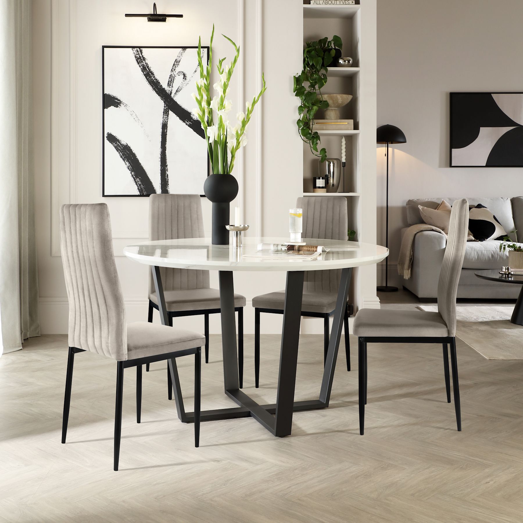 Traviso Round Dining Table & 4 Leon Chairs, White Marble Effect & Black
