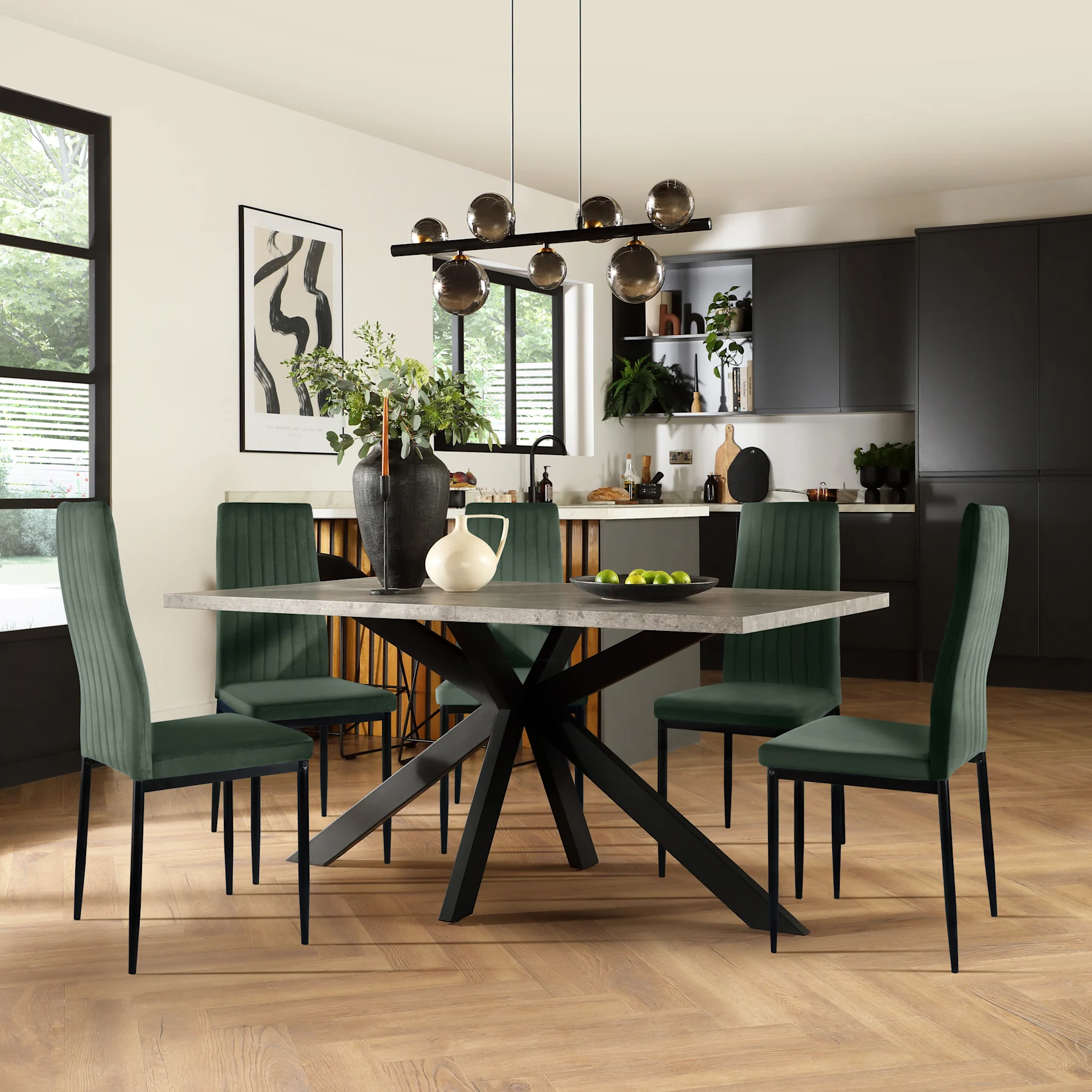 Madison Industrial Dining Table & 6 Leon  Chairs, Grey Concrete Effect & Black Steel, Moss Green Classic Velvet, 150cm