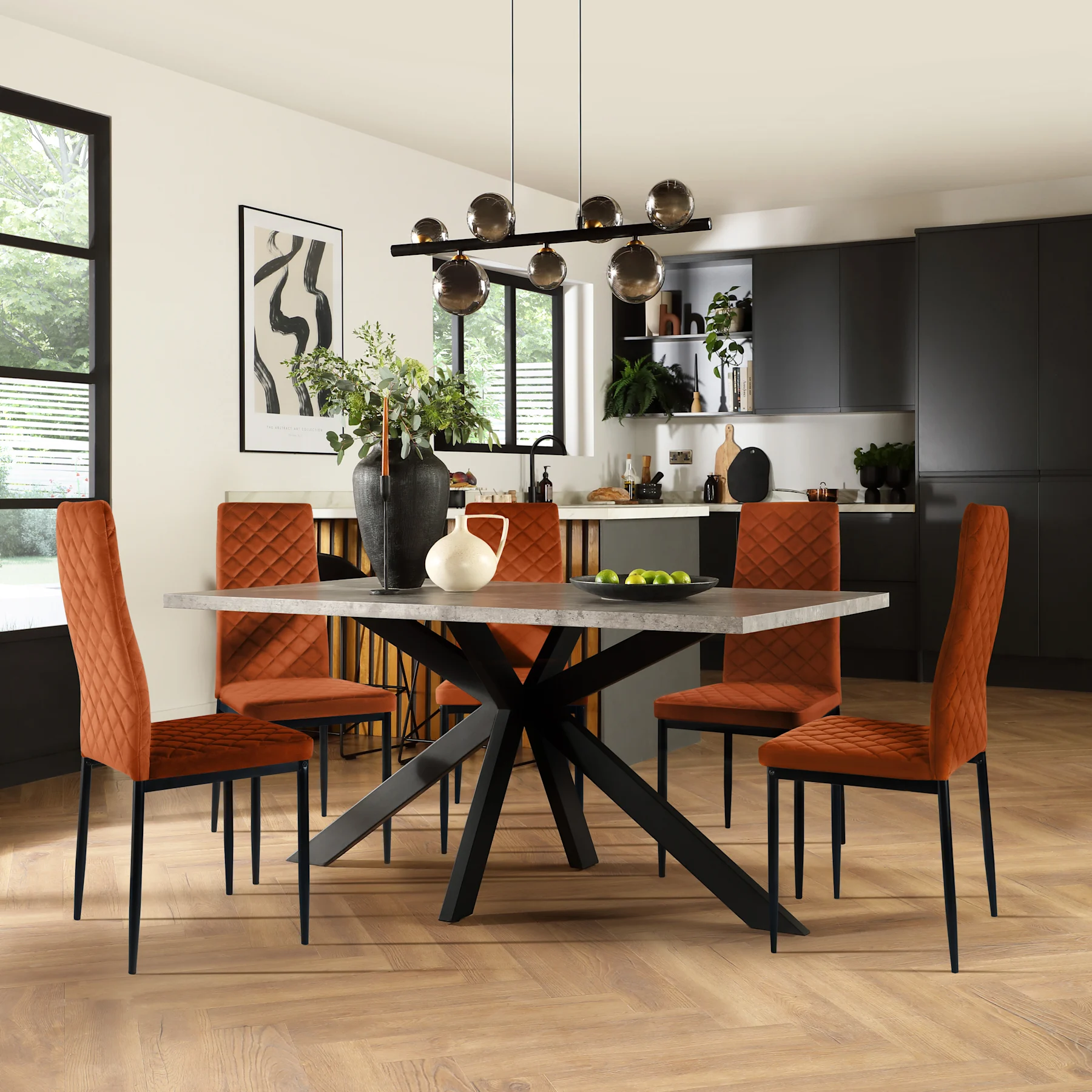 Madison Industrial Dining Table & 6 Renzo  Chairs, Grey Concrete Effect & Black Steel, Burnt Orange Classic Velvet, 150cm