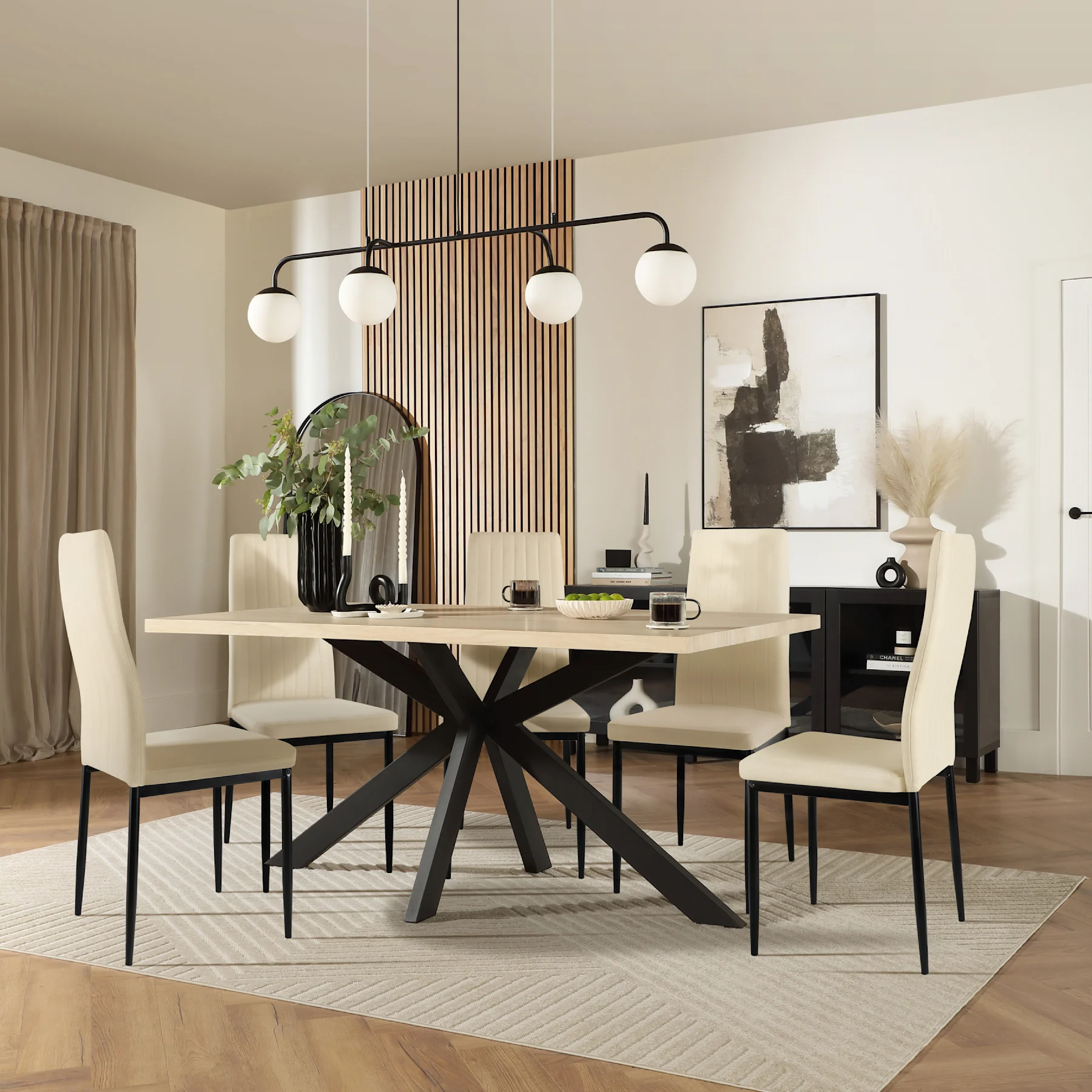 Madison Dining Table & 6 Leon  Chairs, Light Oak Effect & Black Steel, Ivory Classic Plush Fabric, 150cm