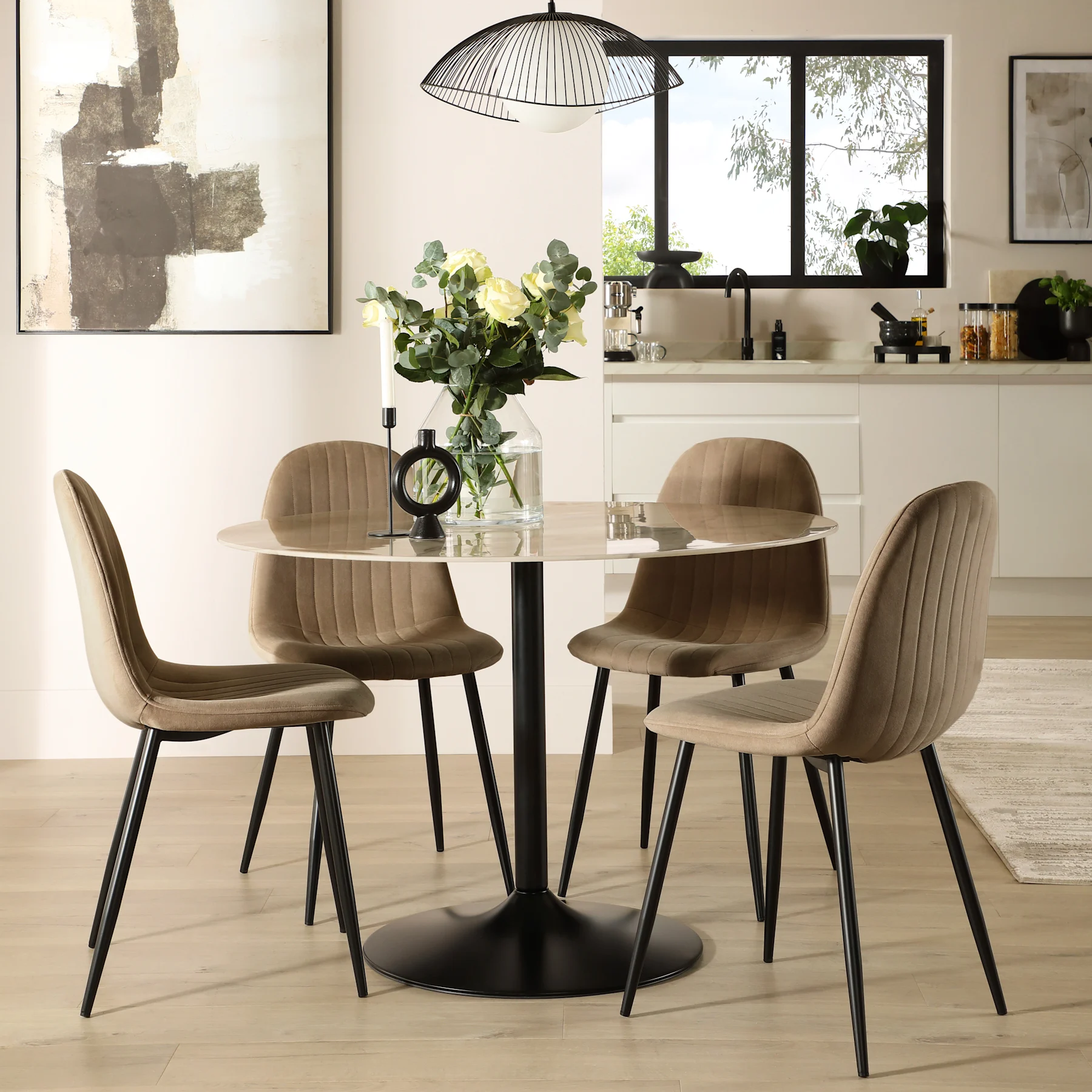 Orbit Round Dining Table & 4 Brooklyn Chairs, Beige Marble Effect & Black Steel, Beige Classic Velvet, 110cm