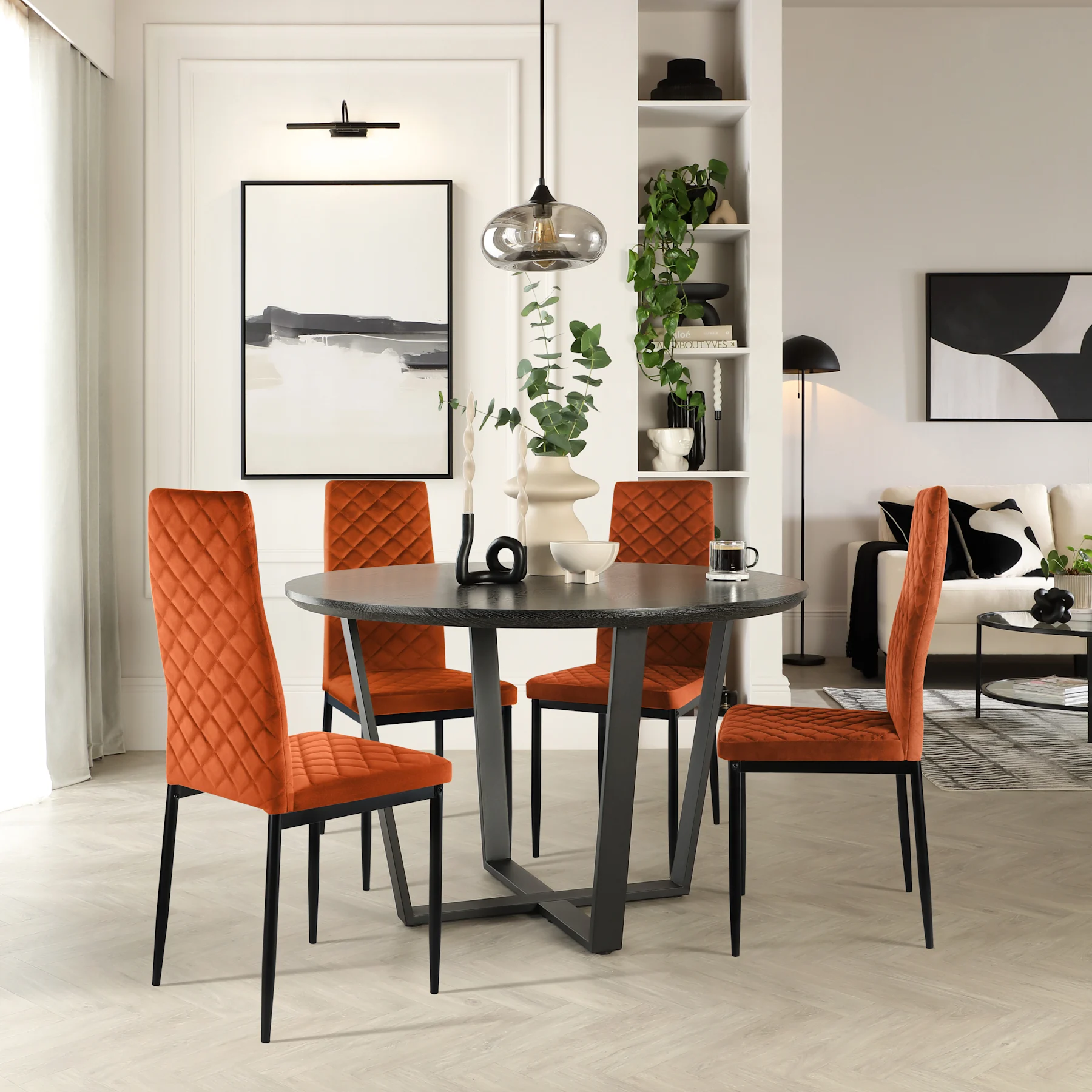 Traviso Round Dining Table & 4 Renzo Chairs, Black Oak Effect & Black Steel, Burnt Orange Classic Velvet, 120cm