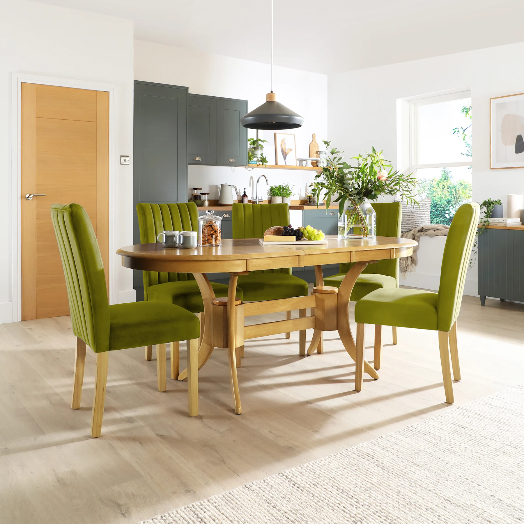 Townhouse Oval Extending Dining Table & 6 Salisbury Chairs, Natural Oak Finished Solid Hardwood, Olive Green Classic Velvet, 150-180cm