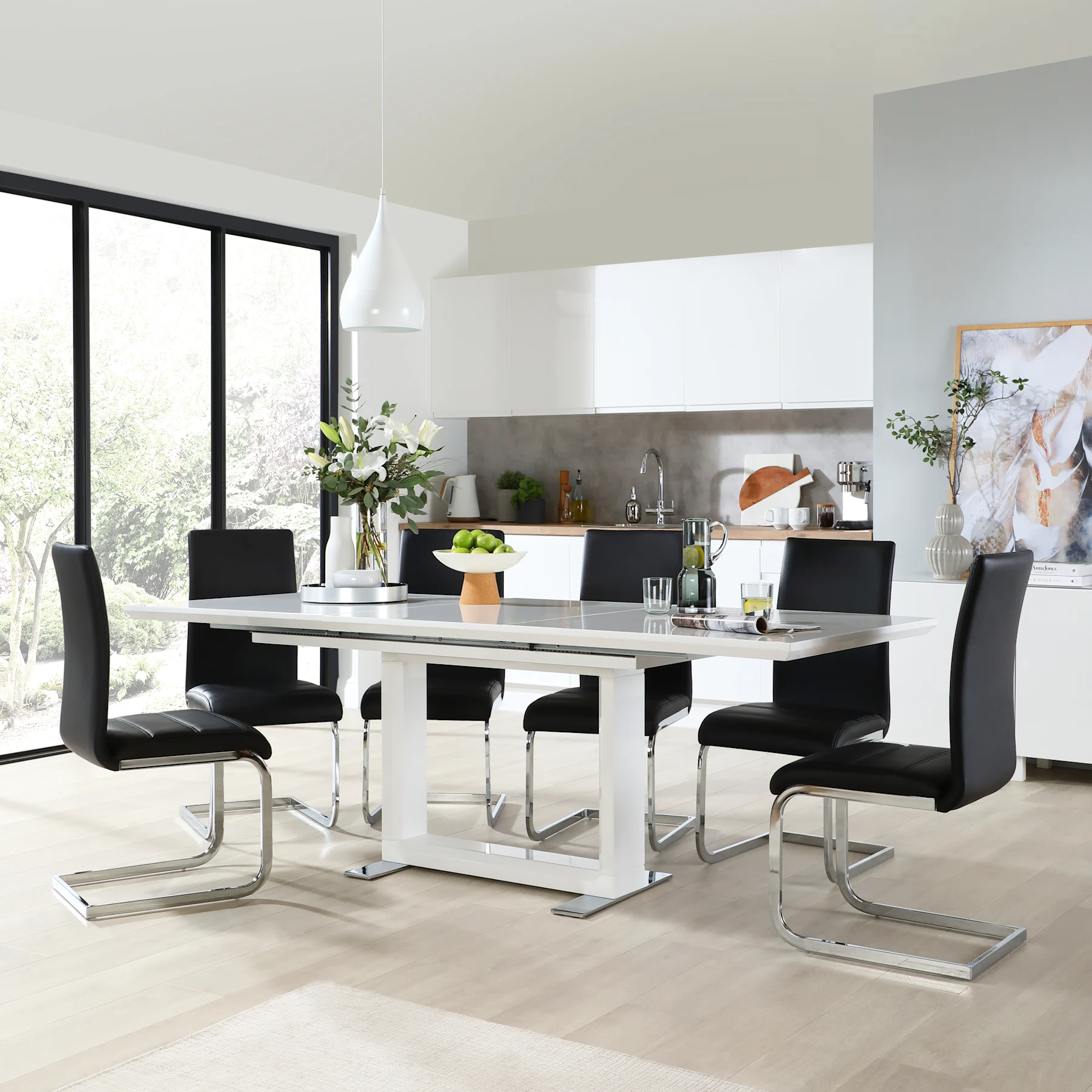 Tokyo Extending Dining Table & 4 Perth Chairs, White High Gloss, Black Classic Faux Leather & Chrome, 160-220cm