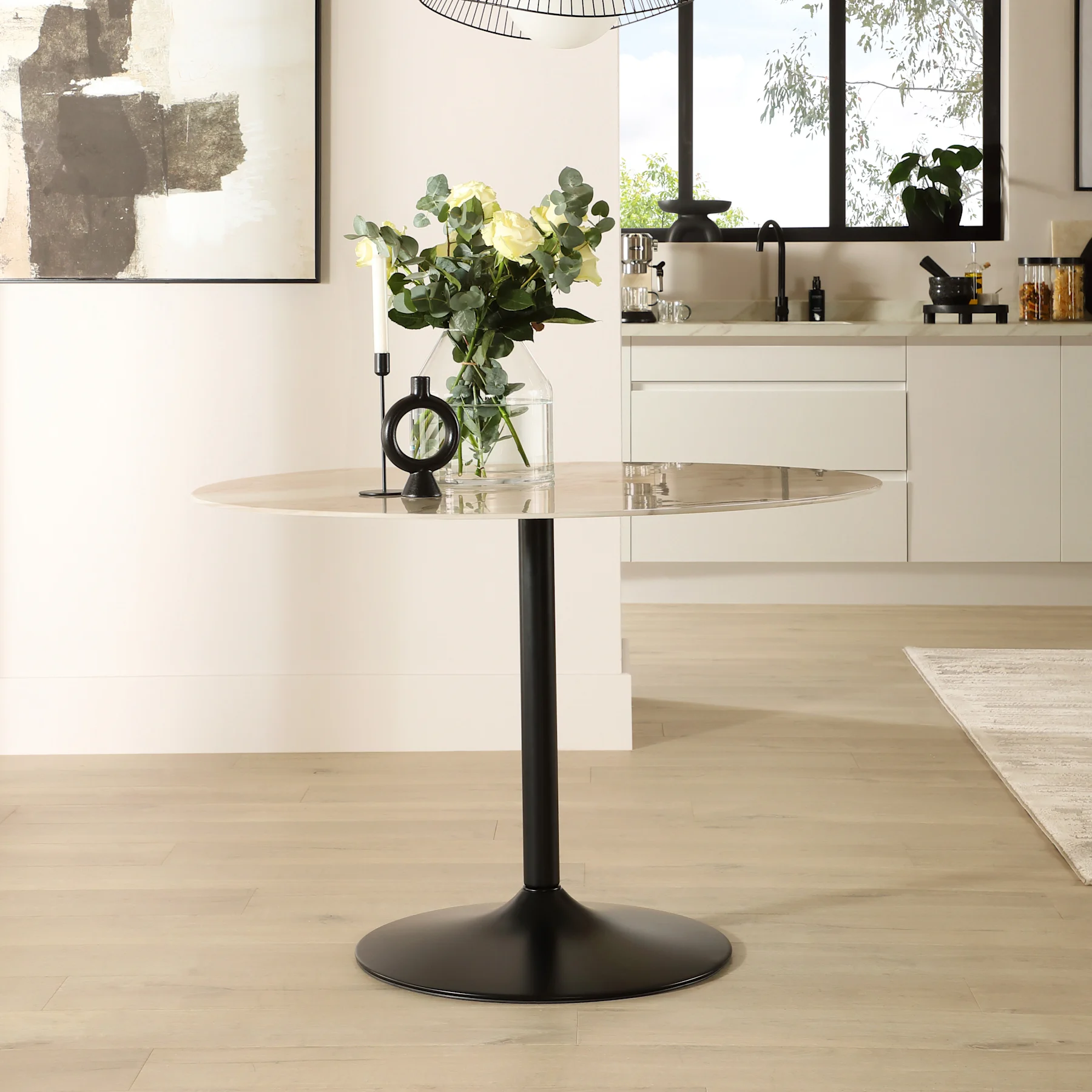 Orbit Round Dining Table, 110cm, Beige Marble Effect & Black Steel