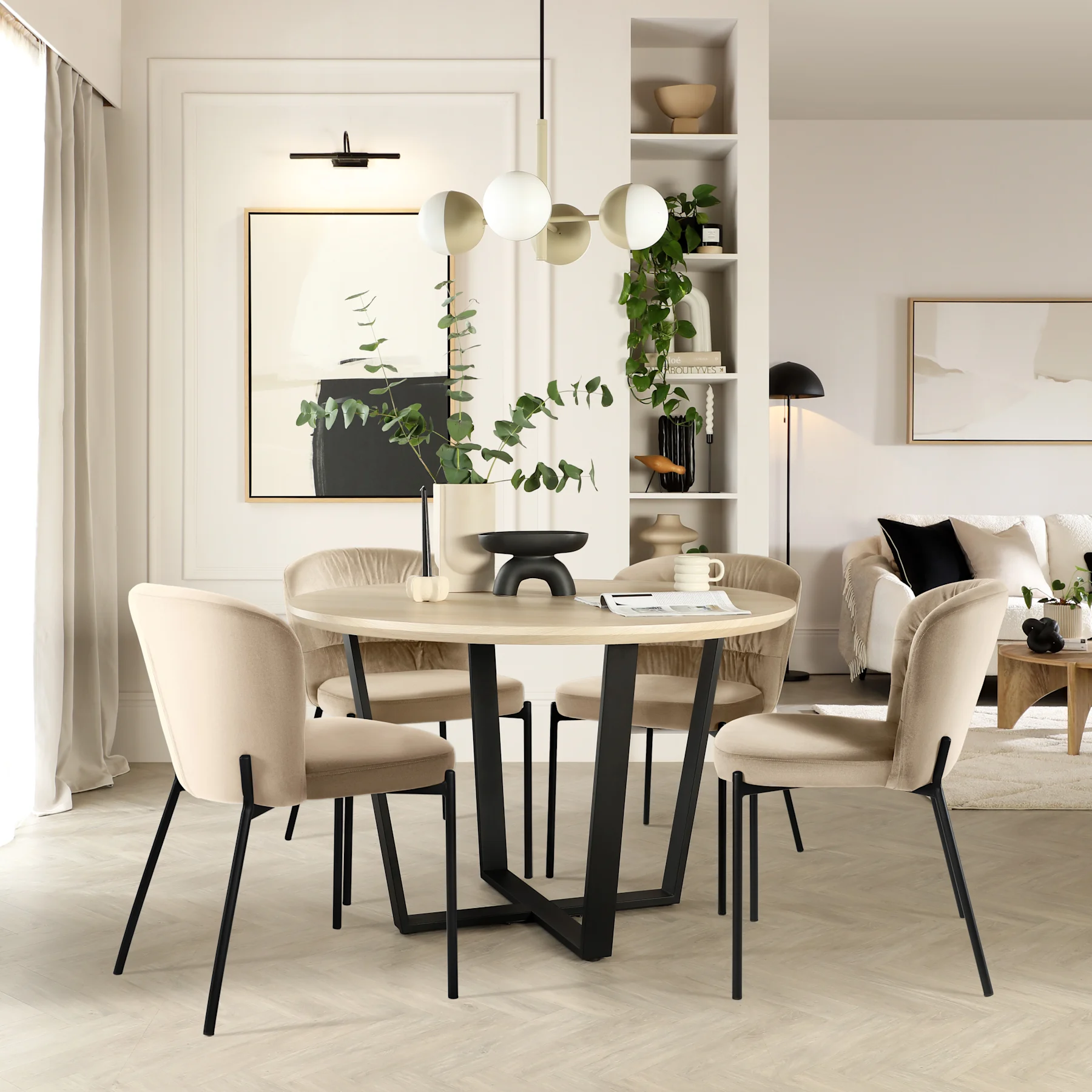 Traviso Round Dining Table & 2 Gianna Chairs, Light Oak Effect & Black Steel, Champagne Classic Velvet, 120cm