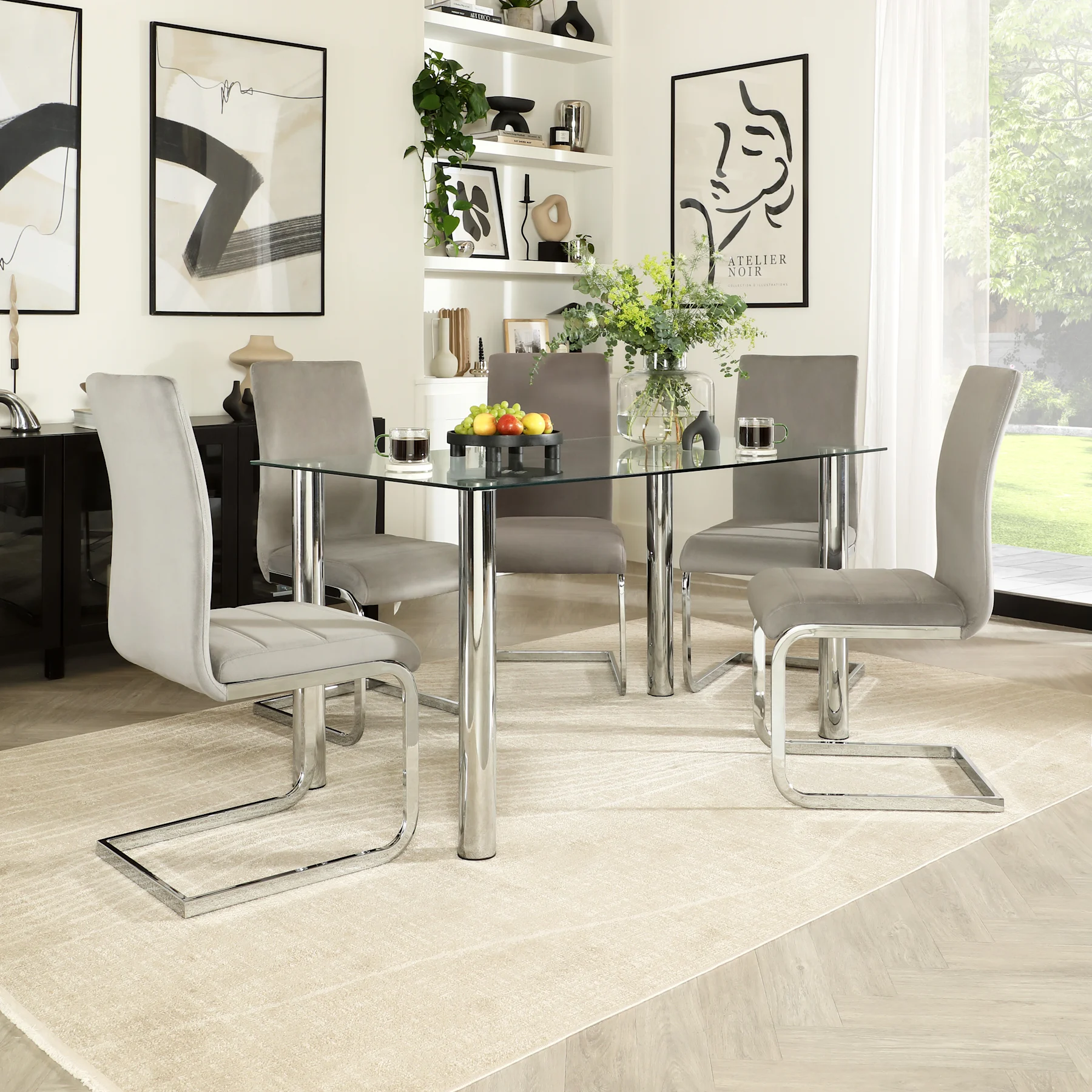 Lunar Dining Table & 6 Perth Chairs, Glass & Chrome, Grey Classic Velvet, 140cm