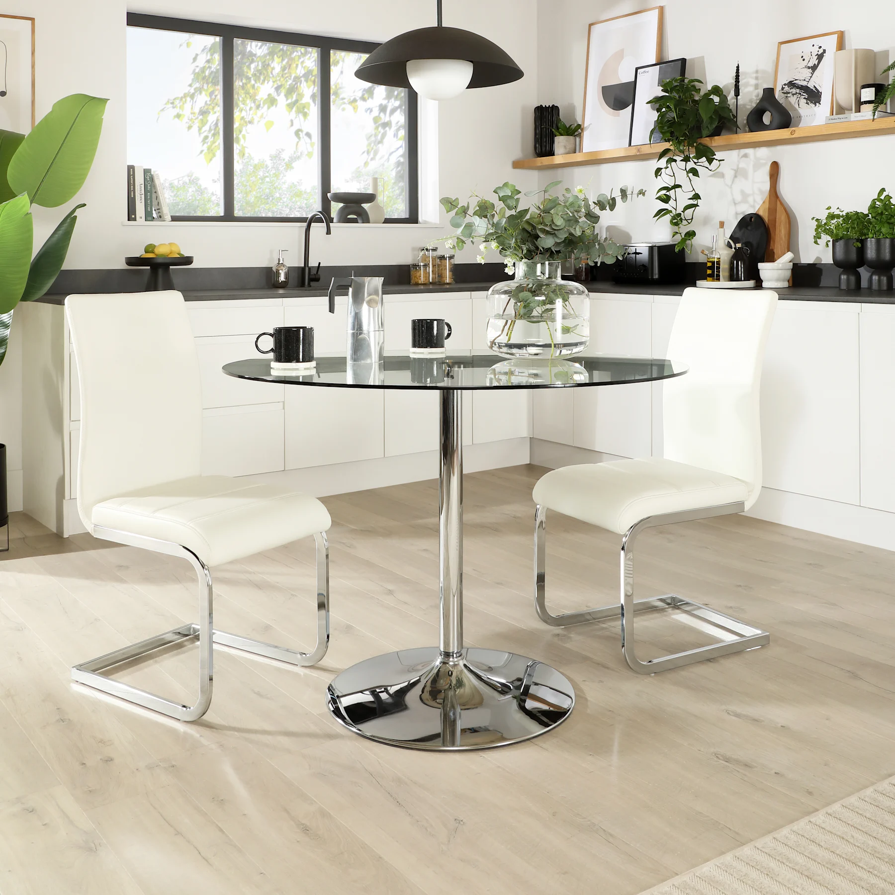 Orbit Round Dining Table & 2 Perth Chairs, Glass & Chrome, White Premium Faux Leather, 110cm