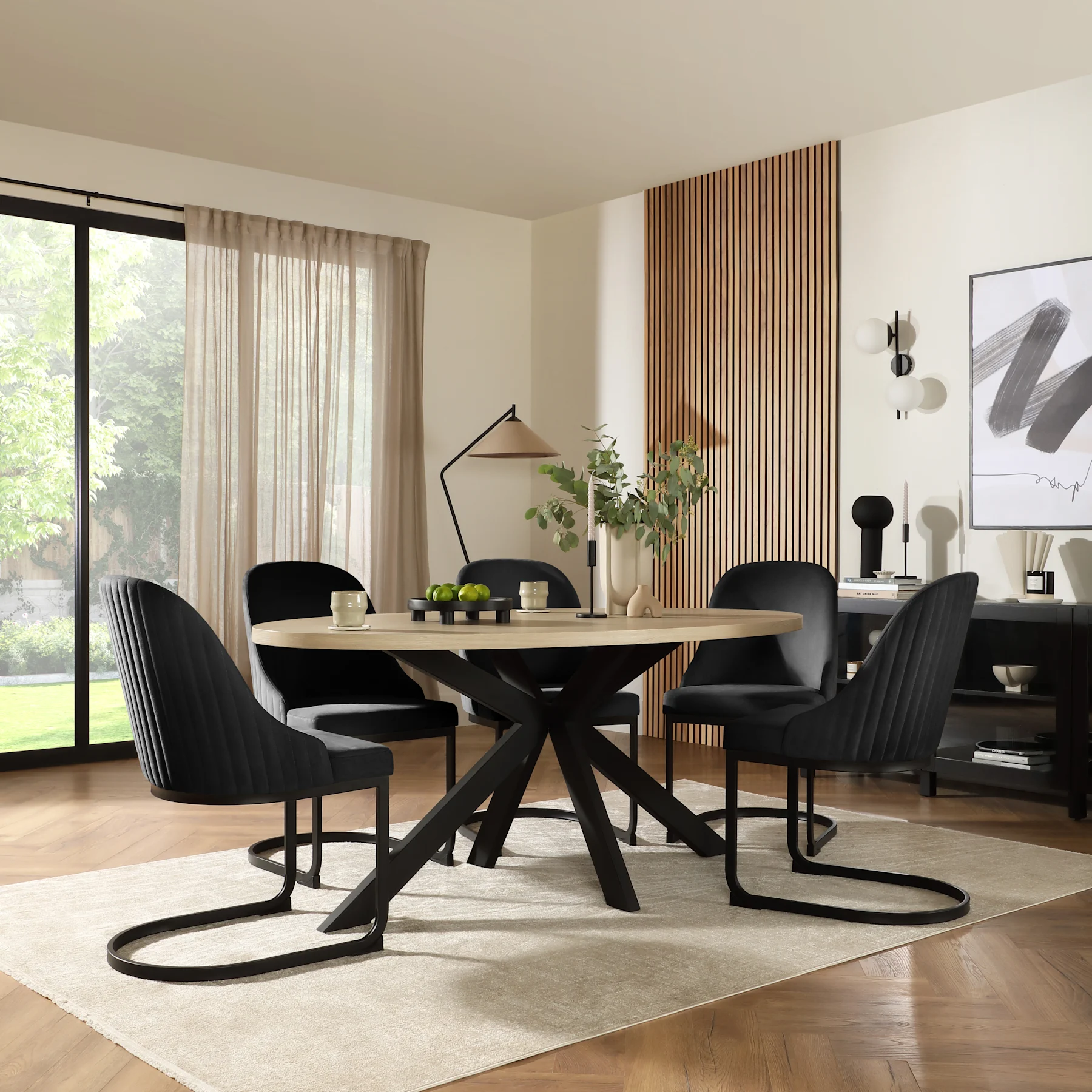 Madison Oval Dining Table & 6 Riva Chairs, Light Oak Effect & Black Steel, Black Classic Velvet, 180cm