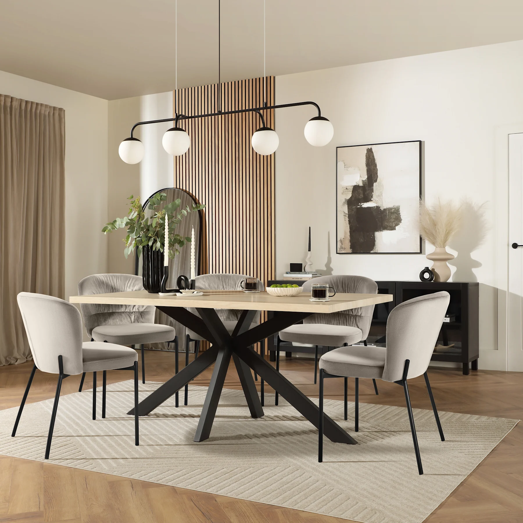 Madison Dining Table & 4 Gianna Chairs, Light Oak Effect & Black Steel, Grey Classic Velvet, 160cm