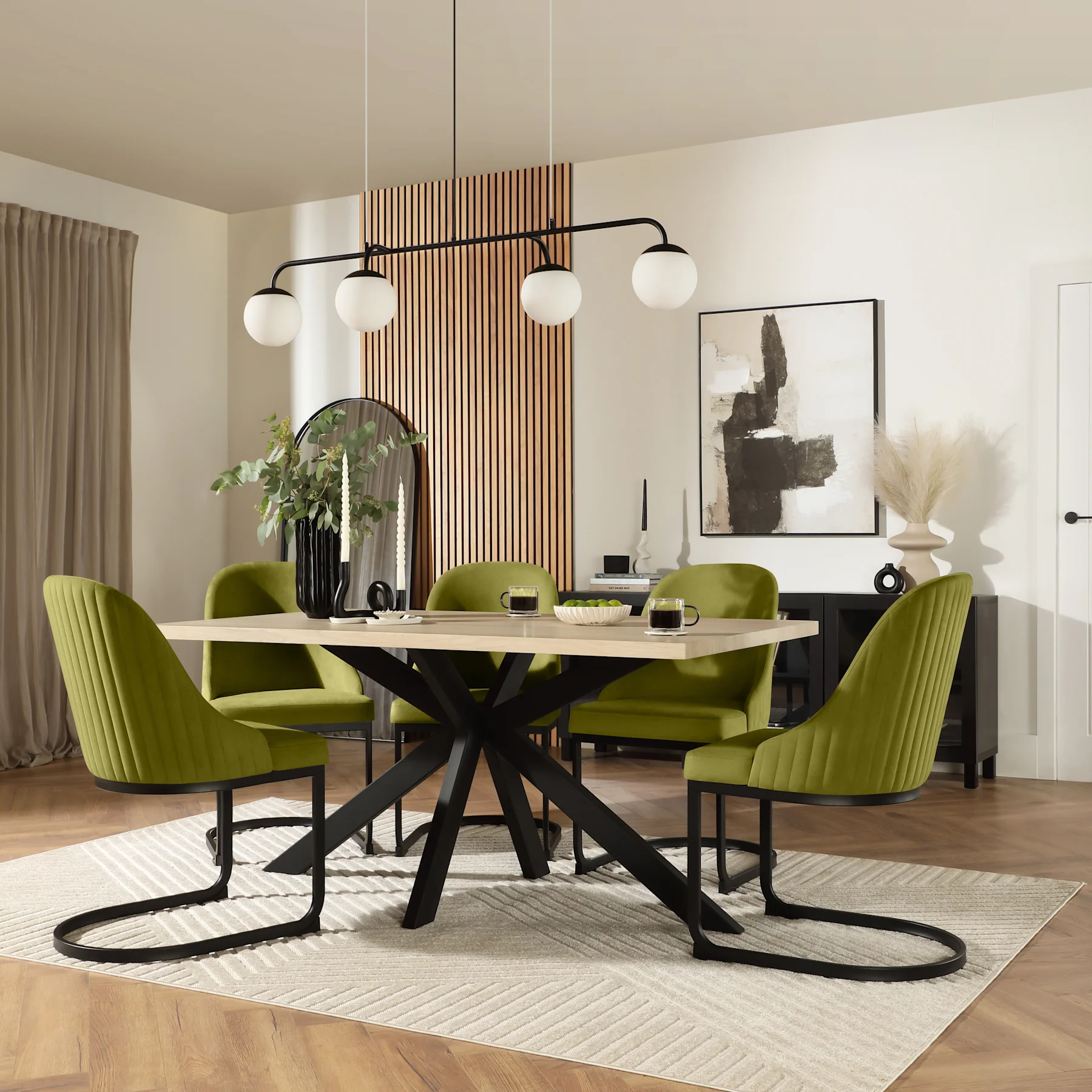 Madison Dining Table & 6 Riva Chairs, Light Oak Effect & Black Steel, Olive Green Classic Velvet, 160cm