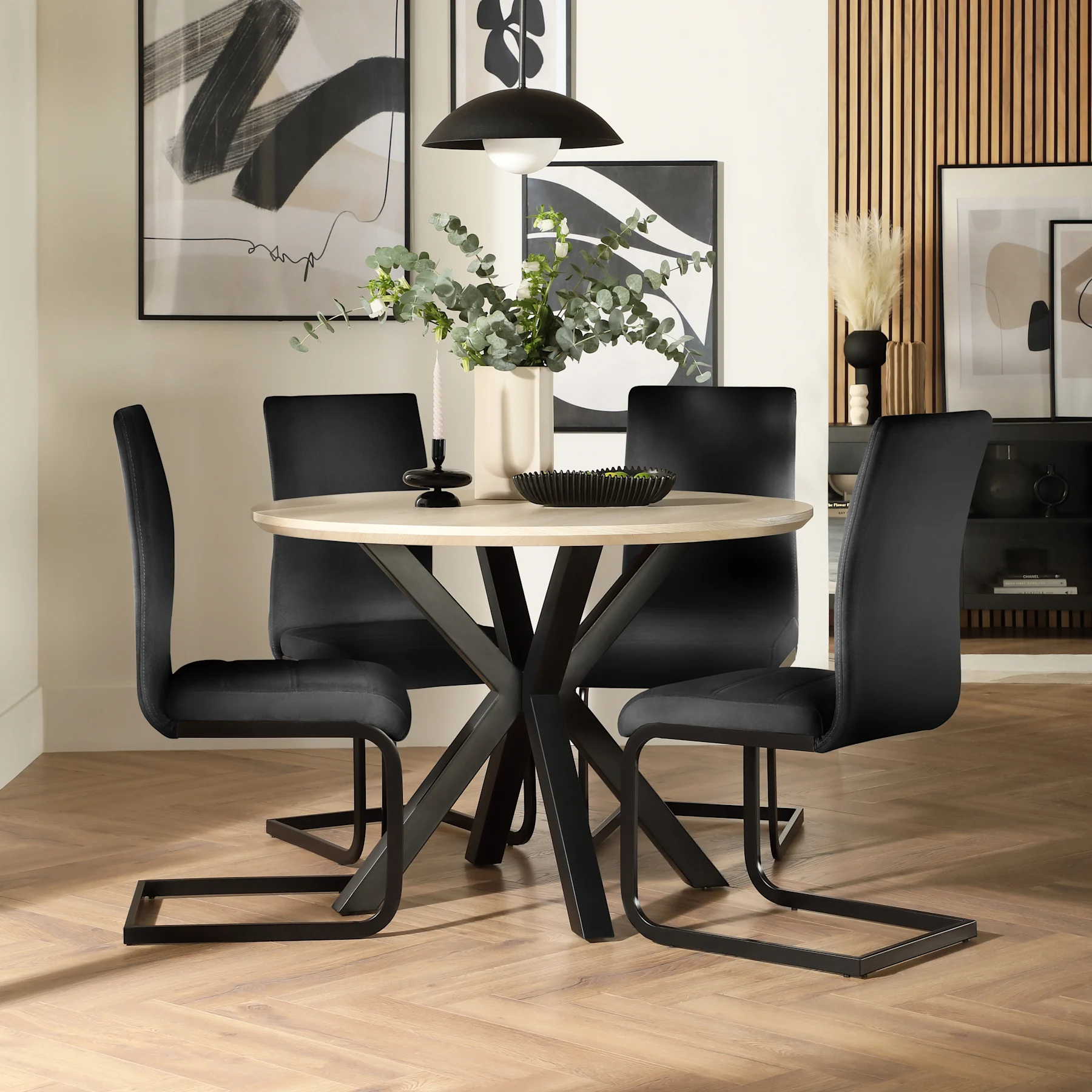 Newark Round Dining Table & 4 Perth Chairs, Light Oak Effect & Black Steel, Black Classic Velvet, 110cm