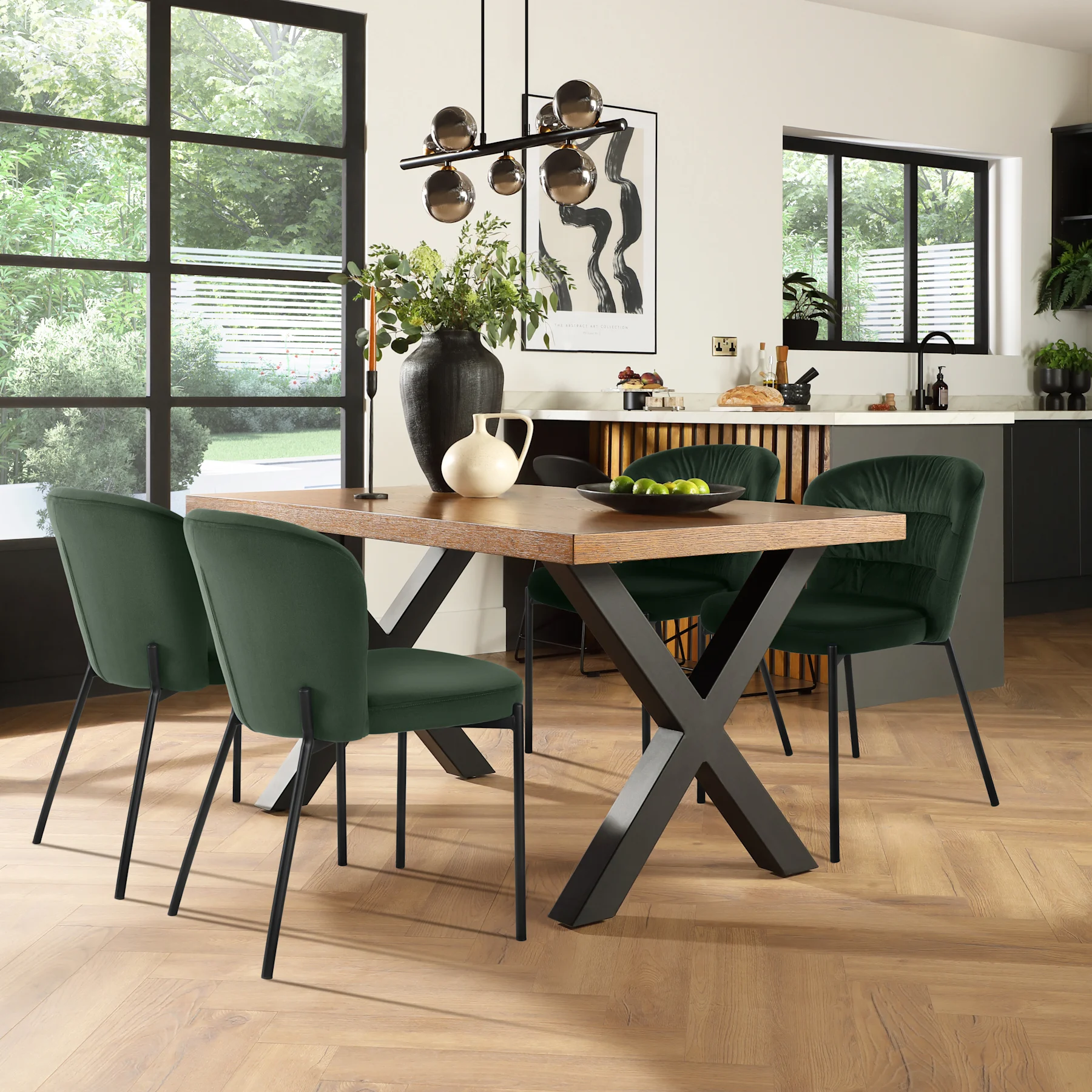 Franklin Industrial Dining Table & 4 Gianna Chairs, Dark Oak Veneer & Black Steel, Moss Green Classic Velvet, 150cm